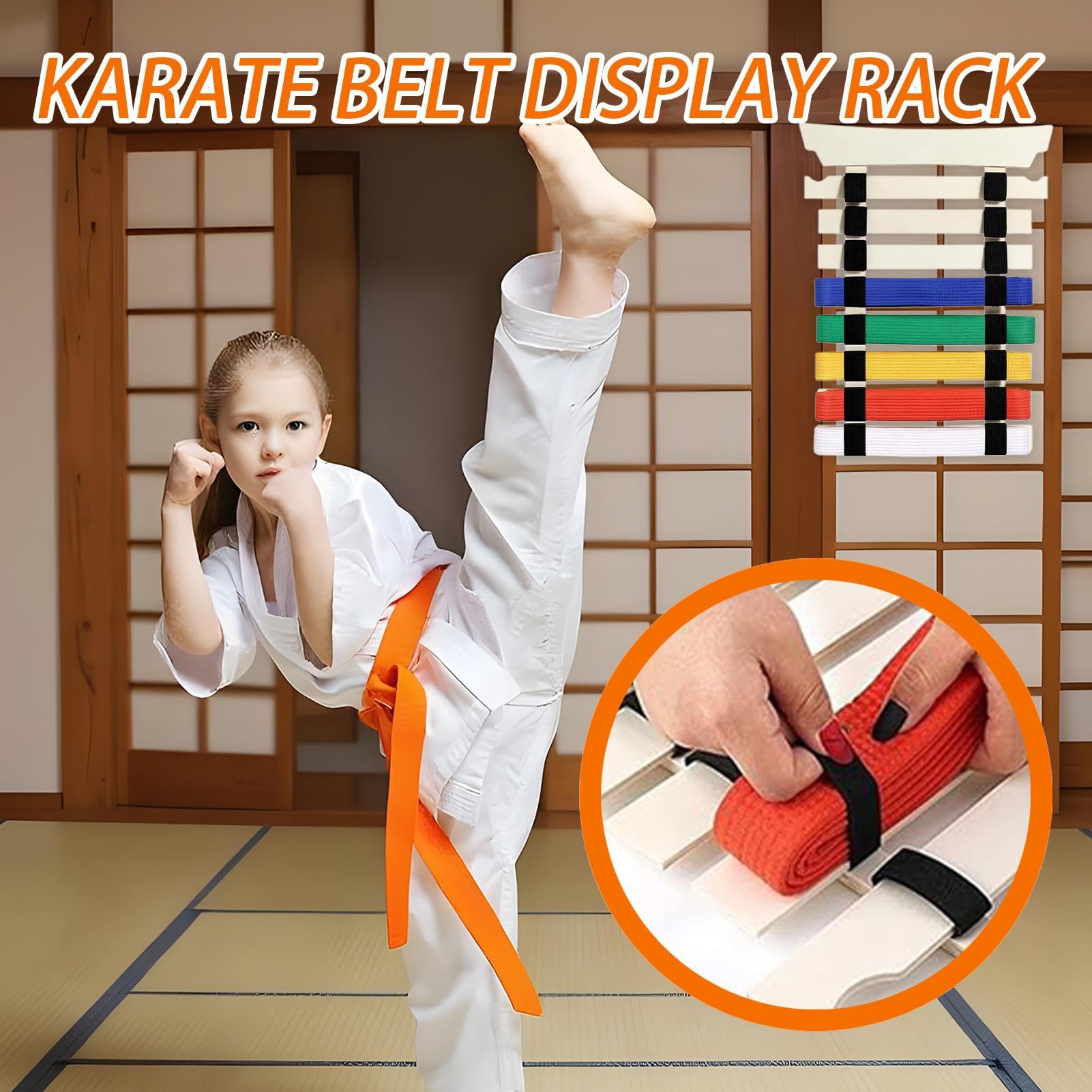 Supporto per cintura di karate: organizer da appendere per arti marziali, adesivi inclusi e gancio, resistente ripiano per display per principianti e avanzate