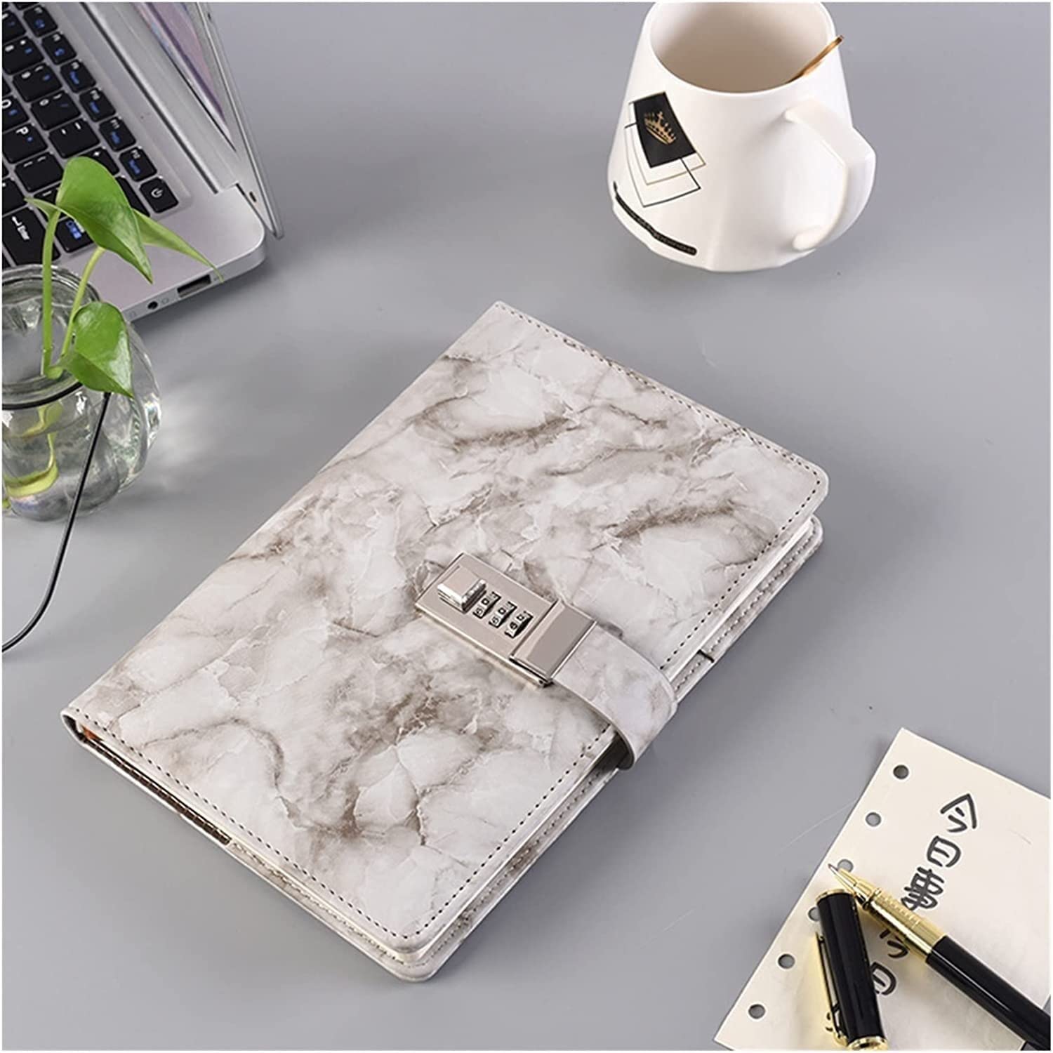 TOBILE Cuaderno con contraseña Textura de mármol 100 hojas Diario personal con código de bloqueo Bloc de notas grueso Cuero Oficina Material escolar Regalo