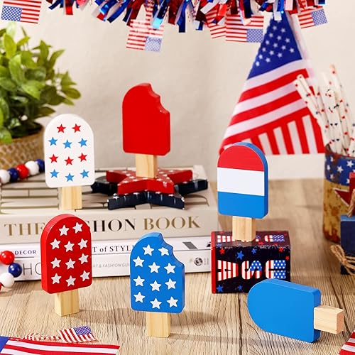 Miniatura 2 de Jetec 6 Pcs 4th of July Tiered Tray Decor Patriotic Table Sign Memorial Day Table Decorations Wooden Ice Cream Decor for Home Independence Day Table