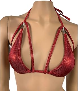 Mini Red Shiny Triangle Bikini Top for Woman Minimal Coverage Swimwear Exotic Stripper Pole Club Dancewear Handmade
