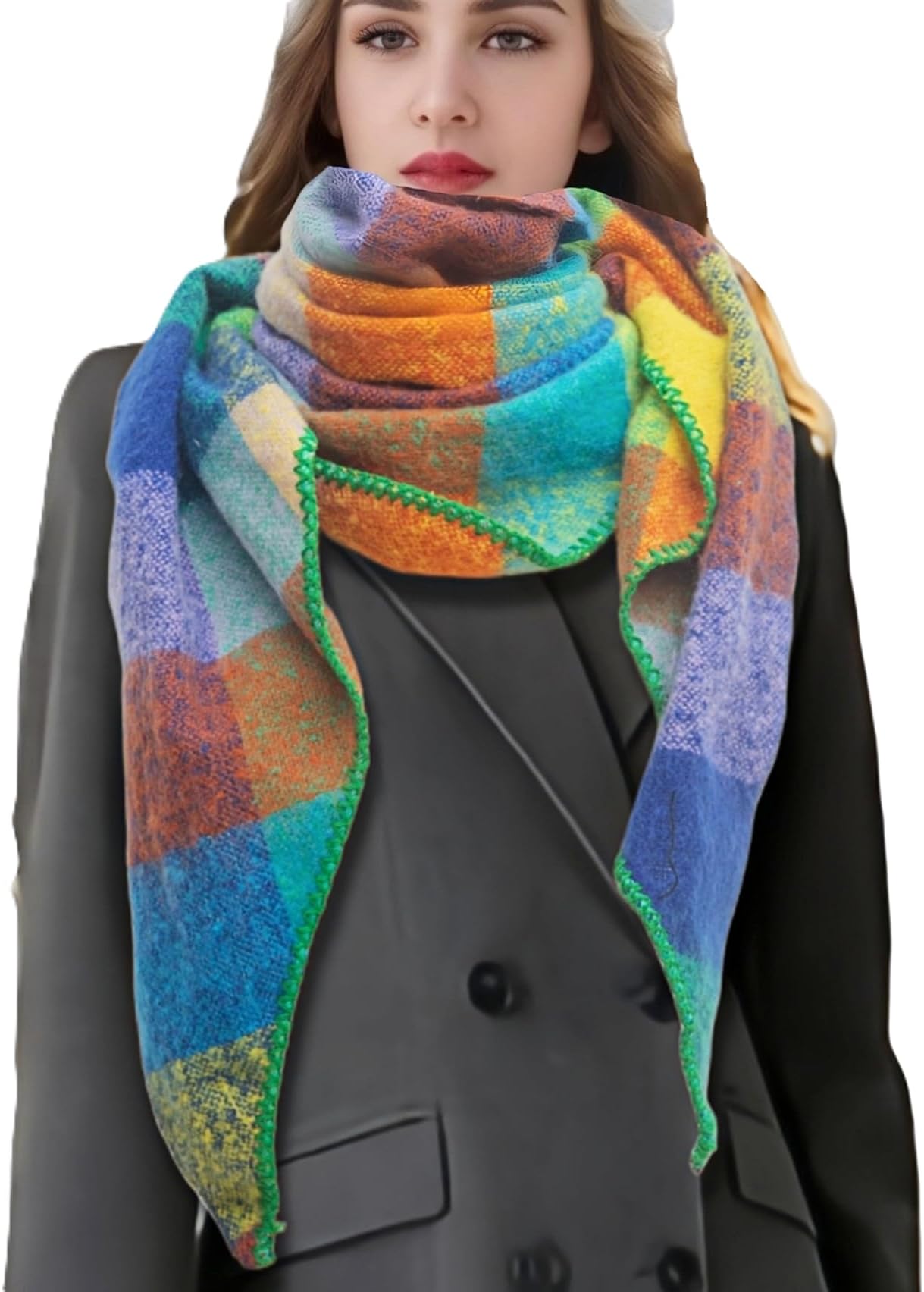 Wander AgioWomen Fashion Shawl Warm Long Winter Wrap Scarves Cashmere Soft Feel Plaid Triangle Scarf