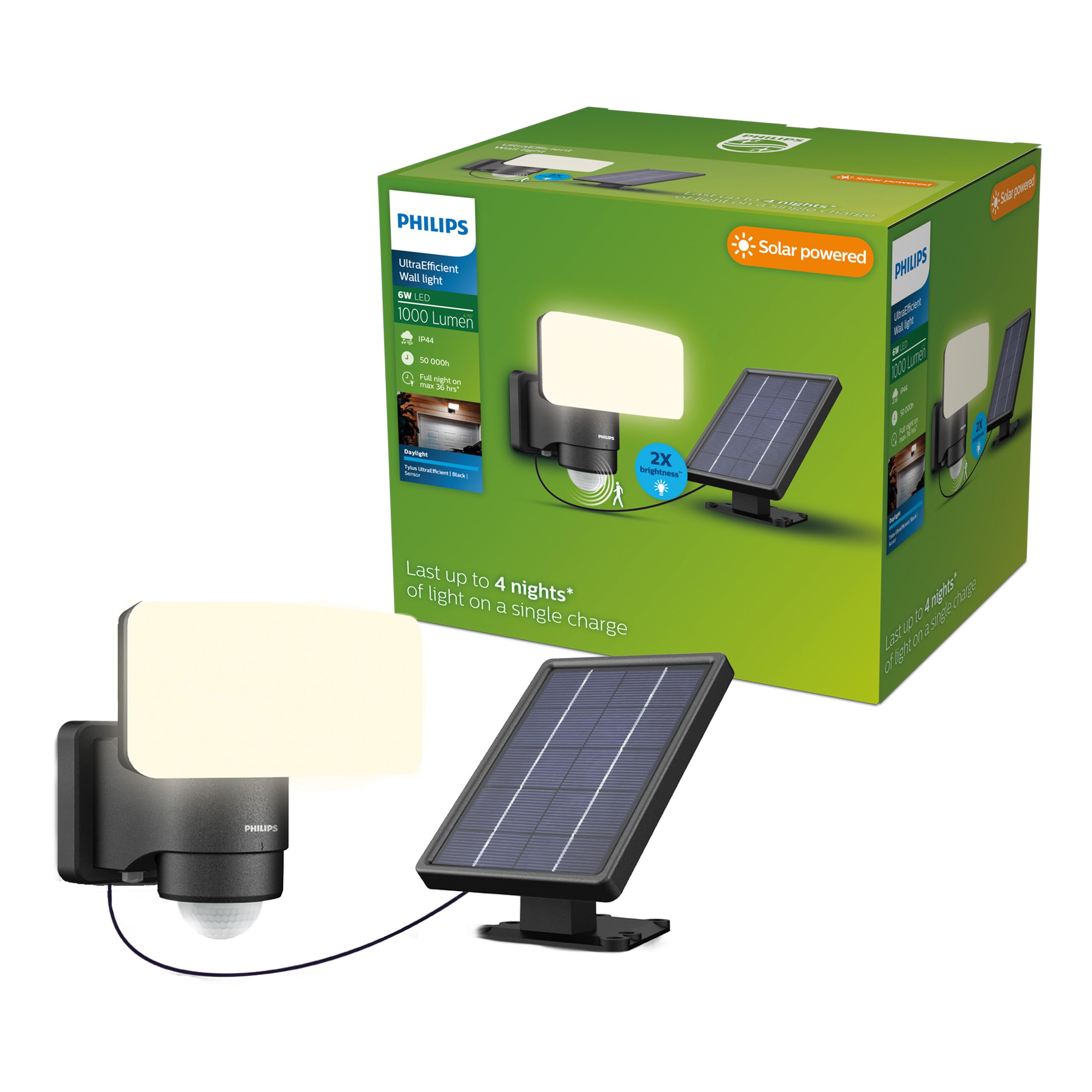 PHILIPS Tylus UltraEfficient Outdoor Solar Security Light with Sensor, 5000K, 1000/50lm Black