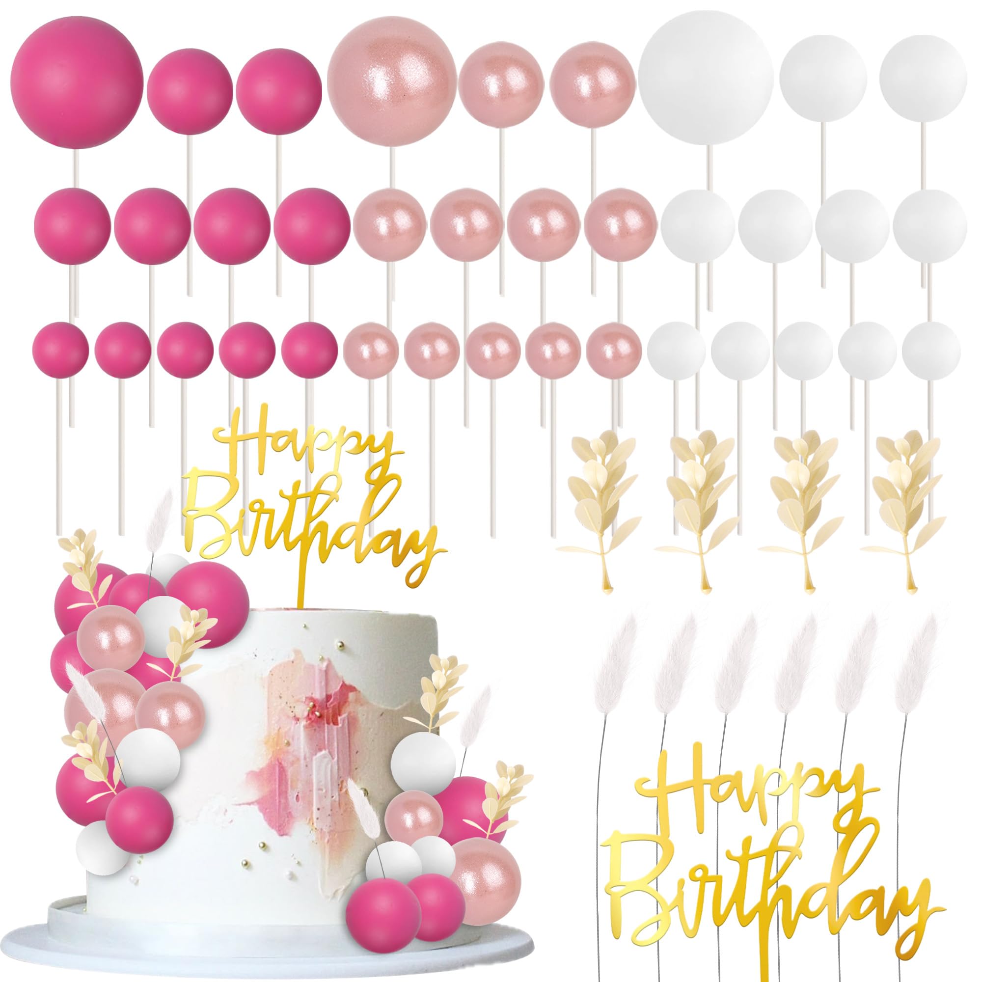 SYKYCTCY 59 Pack Balls Cake Toppers Grass Cake Picks White Pink Mini Balloon Foam Leaves DIY Cake Decorations for Baby Shower Kids Boys Girls Birthday Theme Wedding Anniversary Party Supplies