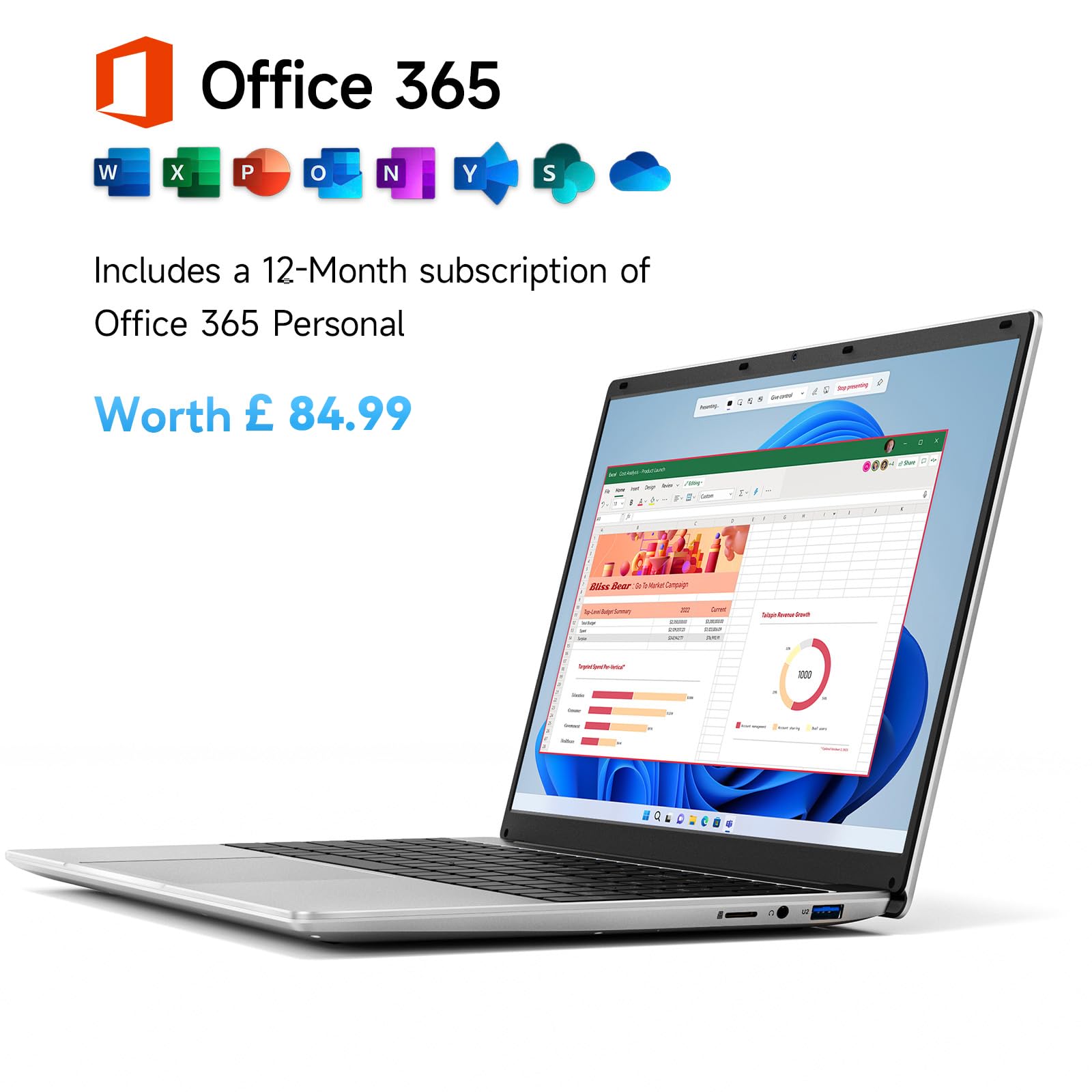jumper 15.6 inch Laptop with Office 365, 4GB RAM 128GB Storage, 1080 HD Display Laptops, 5205U Processor, USB3.0, 38Wh Battery, Portable Laptops for Business, School, and Work, Keyboard Film UK. - 4