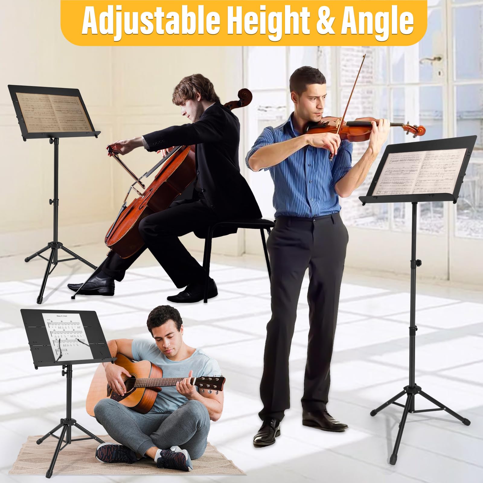 Tragbarer, klappbarer Notenständer, höhenverstellbar (81,3 cm bis 142,2 cm), um 180° neigbar, mit Tragetasche, für Band, Reisen und Zuhause (81,3–142,2 cm)