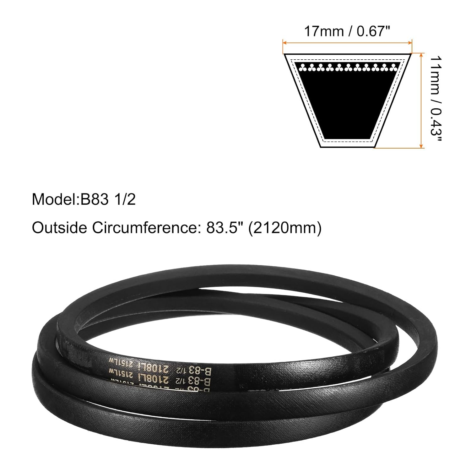 uxcell 2pcs B83 1/2 Rubber V Belt, B Section V-Belt 86.2" Outside Circumference x 0.67" Width x 0.43" Thick, Industrial Power Transmission Belt, Black