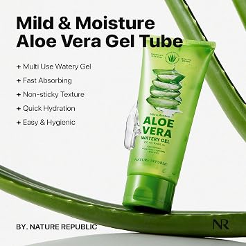 Nature Republic Mild & Moisture Aloe Vera Watery Gel (TUBE) | Quick Hydration & Moisturizing, Fast-Absorbing Non-Sticky Texture, Aftersun Cooling Gel, Korean Skincare, All Skin Types
