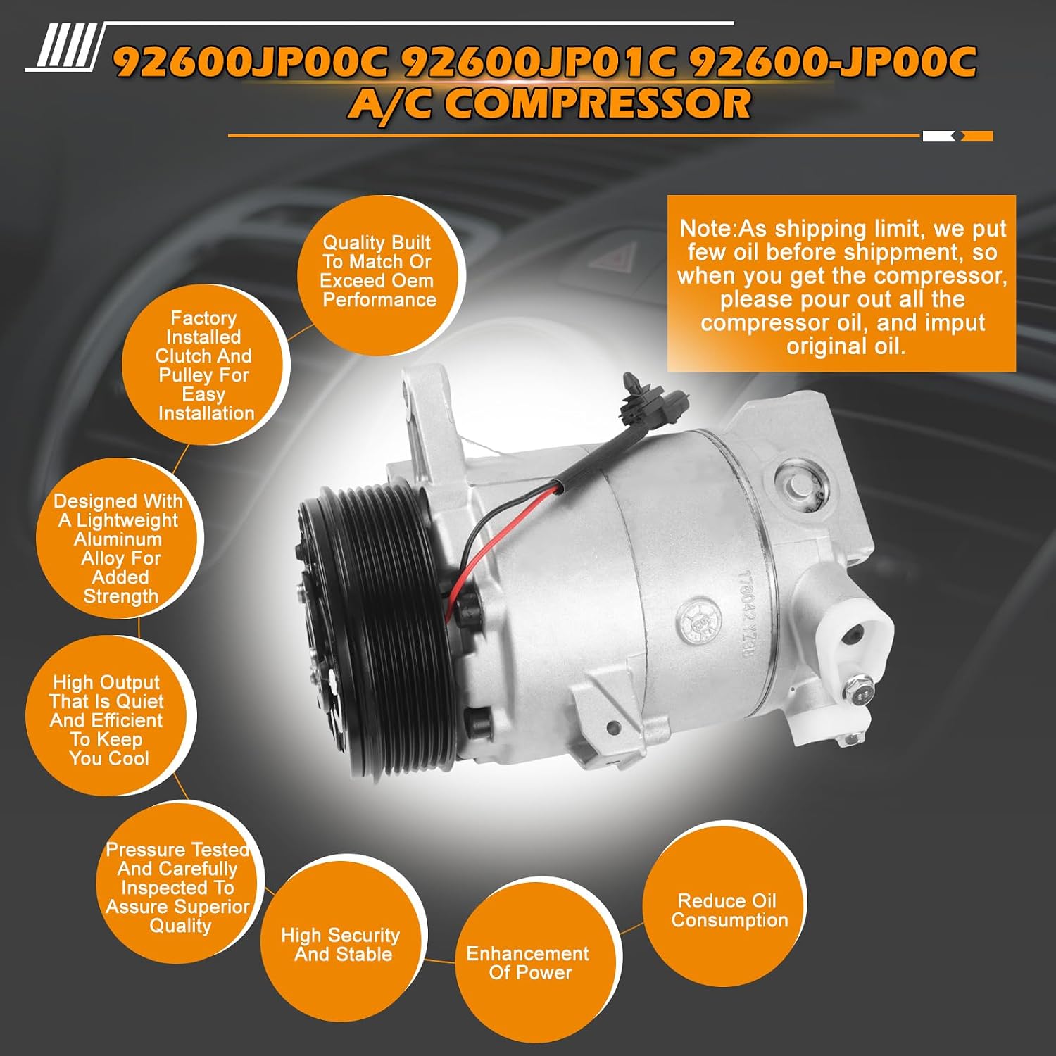 12V 7PK DKS17D Air Conditioning Compressor 926001JA1A 92600-1JA1A 92600JP00C 92600JP01C 92600-JP00C AC Compressor Replacement Parts Compatible with Murano for Maxima for Infiniti