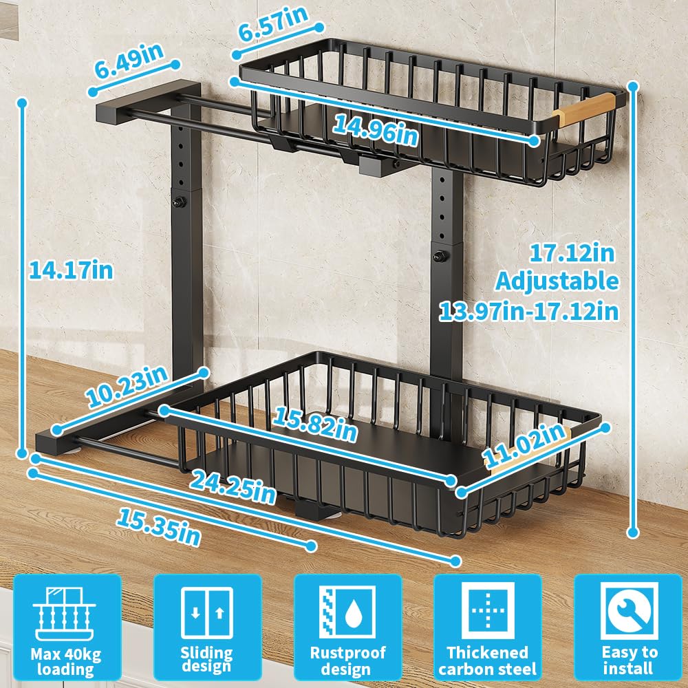 Organizador para debajo del fregadero, organizador de metal de 2 niveles para debajo del fregadero y almacenamiento, estante organizador de armario deslizante de altura ajustable para cocina,
