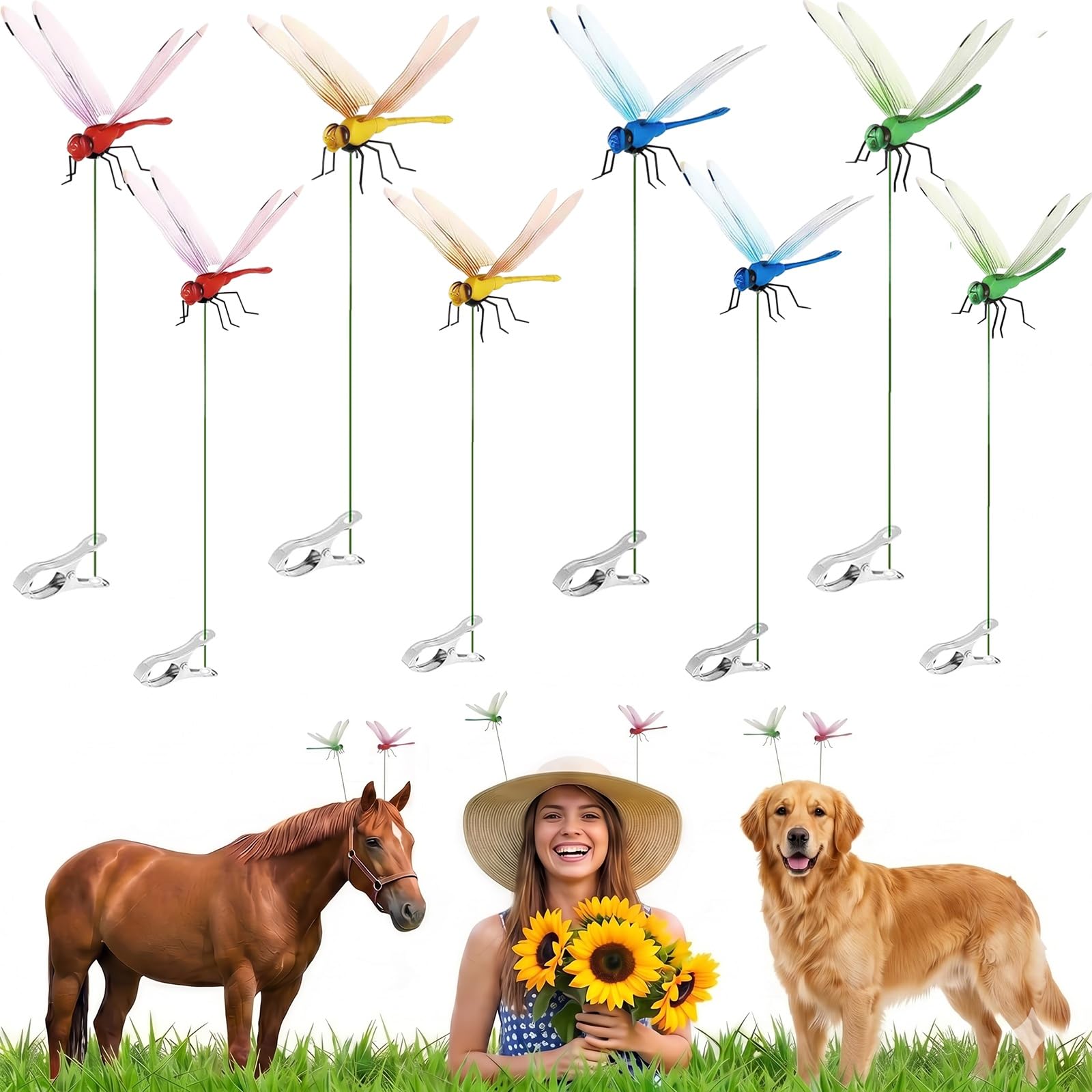 Dragonfly Clips to Keep Bugs Away | Realistic Dragonfly Decoy Horse Fly & Wasp Deterrent for Hats, Clothing & Horses | Waterproof Flying Insect Scare Device for Garden Stakes(8 PCS)