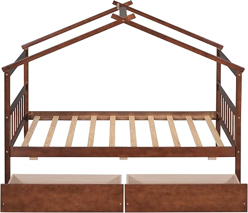 Miniatura 123 de Merax Cama de madera de tamaño individual con dos cajones, marco de cama de madera con techo para niños, adolescentes, niños o niñas, gris
