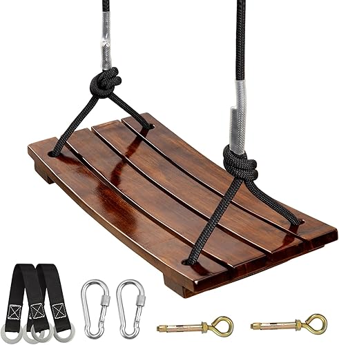Miniatura 10 de PELLOR Asiento de columpio de madera, columpio de árbol colgante carbonizado de madera 23.6 x 9.8 x 1.0 pulgadas para niños, adultos, niños,