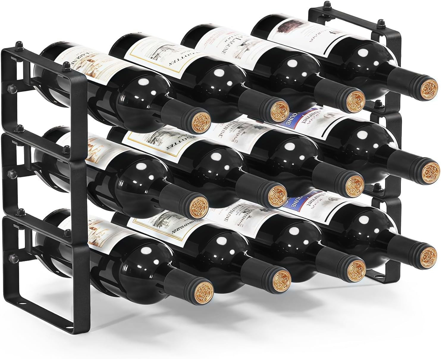 Stackable Wine Rack Countertop, 12 Bottles Wine Bottle Holder for Inside Cabinet, Small Tabletop Wine Holder Stand for Pantry Bar, 3-Tier Angle Adjustable Wine Bottle Rack for Tight Spaces