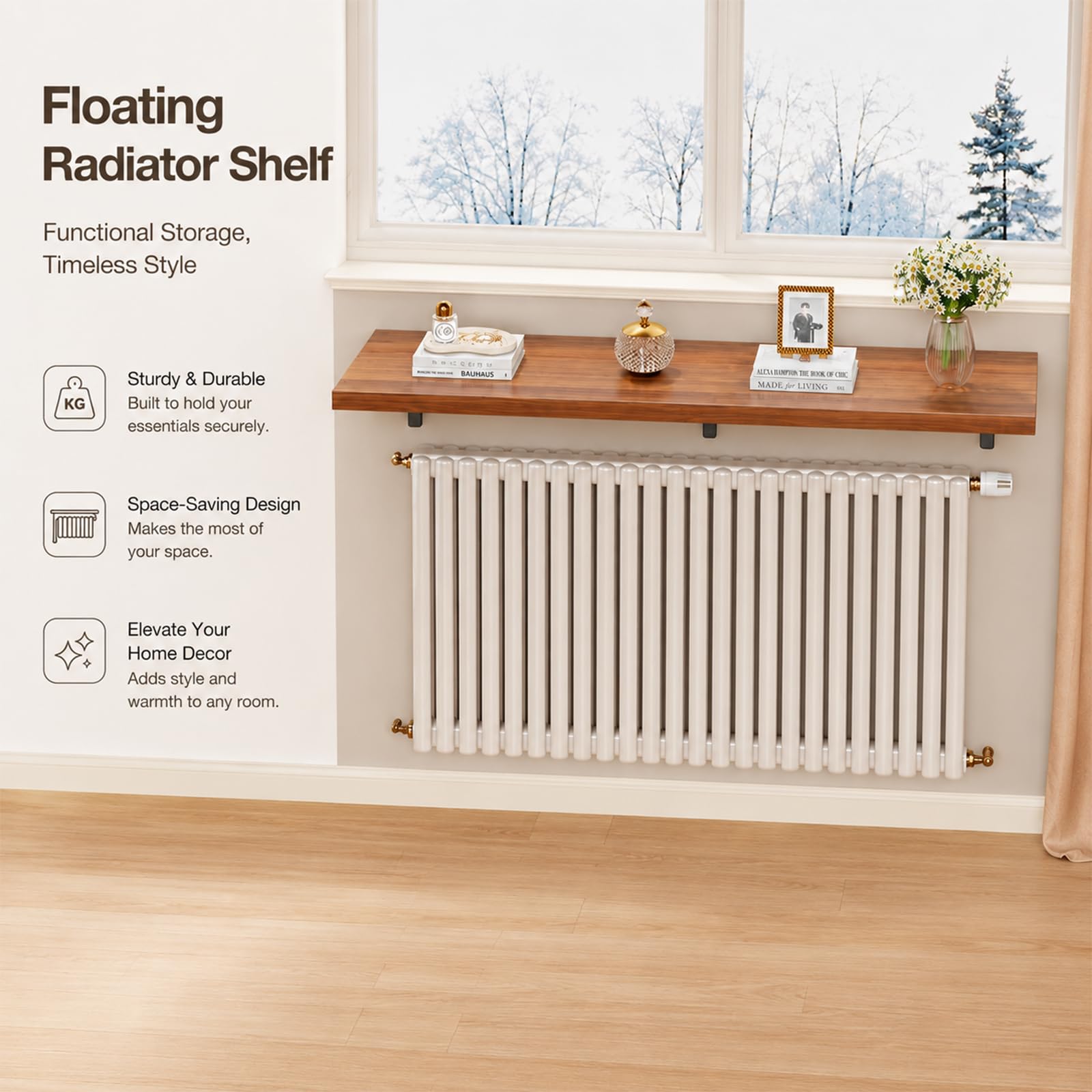 Heizkörperablage Holz Walnuss Schweberegal Heizkörperverkleidung Klein Heizung Regale Wandregal Breit Schwerlast 80kg Organizer mit Schwarzen Halterungen 60cm