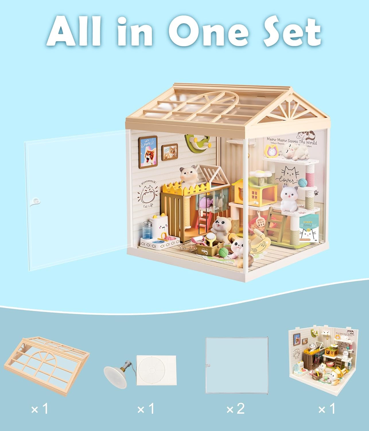DIY Miniature Cat Pet Shop Dollhouse Kit with Dustproof Cover & Roof - Purrfect Tiny Animal Shelter Room with Led Lights - Creative Craft Set for Ages 14+