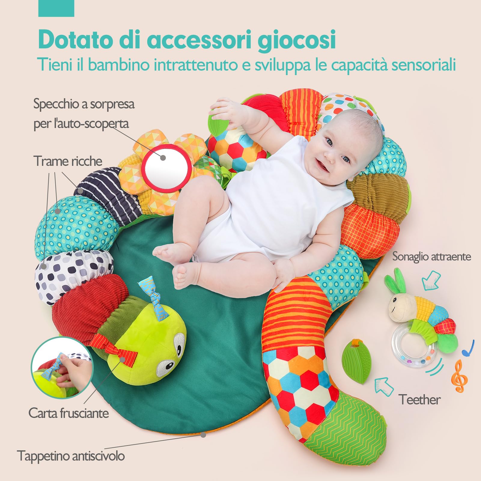 hahaland 4 in 1 Tummy Time & Supporto Seduto & Tappetino Bruco & Palestrina Neonato, Giochi Neonato per 0-6 Mesi con Specchio e Sonaglino, Giocattolo Sensoriale per Neonati, per Sviluppo Precoce