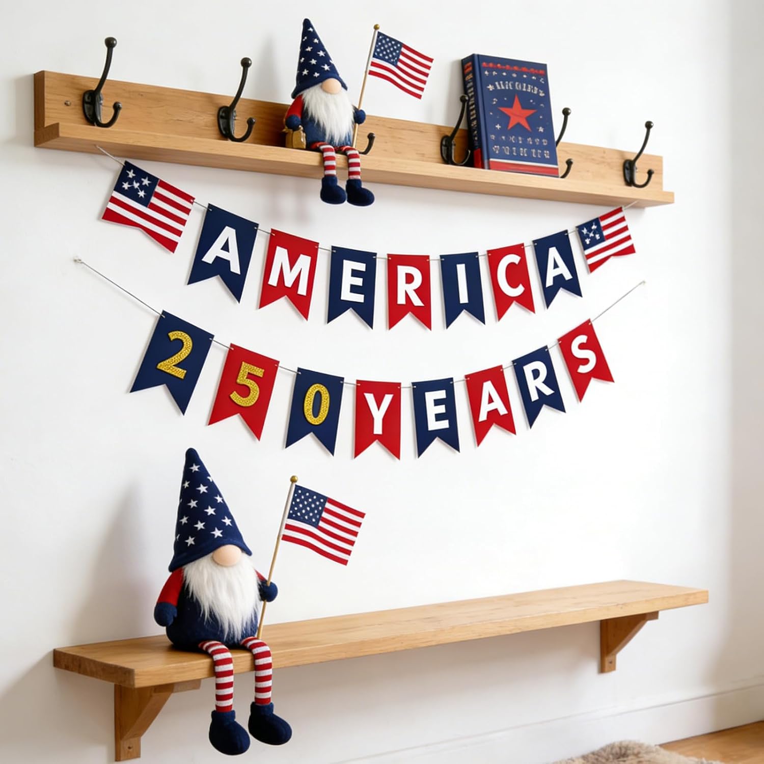 America 250th Anniversary Decorations Banner, Patriotic Red White Blue Garland for Memorial Day, 4th of July Independence Day Party Decor, USA Hanging Banner for Indoor Outdoor Home