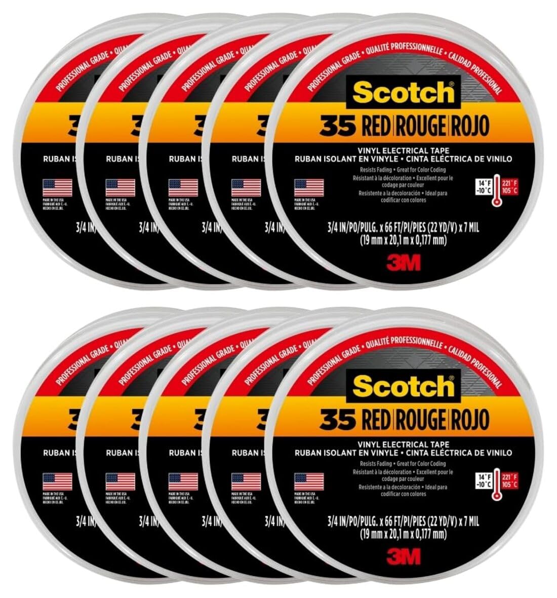 3M Scotch Vinyl Electrical Color Coding Tape #35, 3/4" x 66' – Red – Professional Grade Insulation and Color-Coding Tape, 10 Rolls