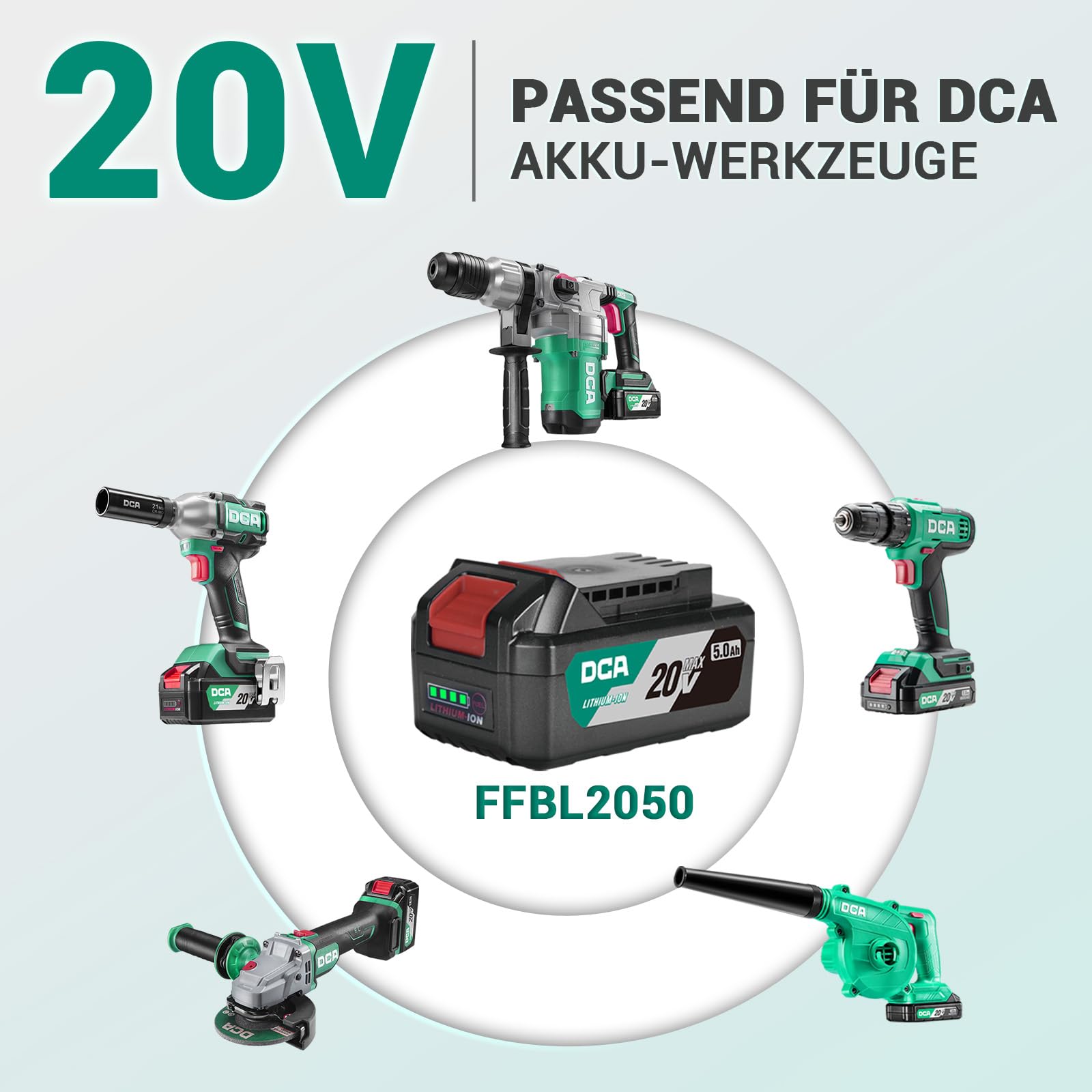 DCA Akumulator litowo-jonowy 20 V MAX, 5,0 Ah o dużej pojemności, kompaktowe narzędzie akumulatorowe 20 V, 1,4 lbs (FFBL2050)