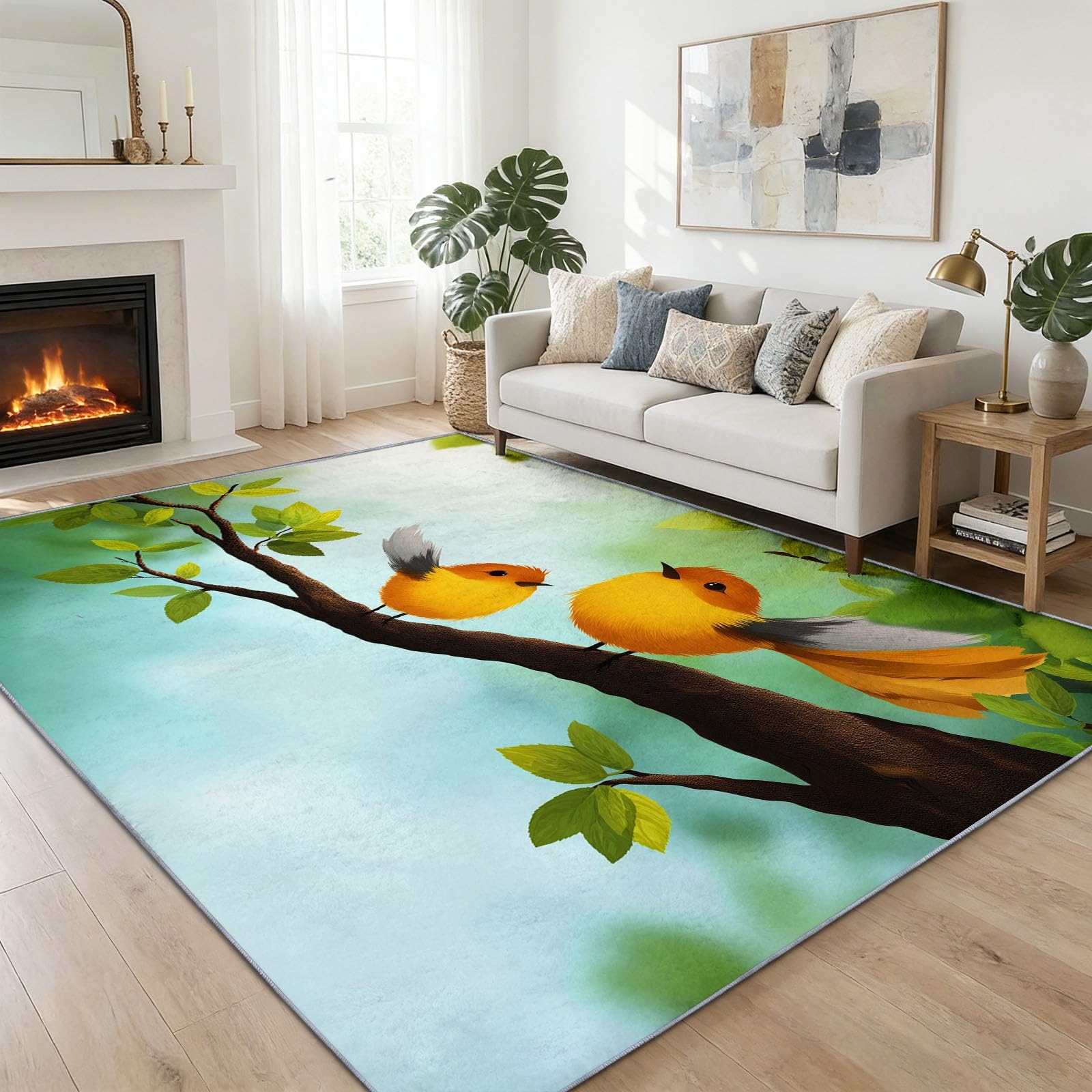 Tappeto a pelo corto lavabile 140 x 200 cm uccello del fumetto ramo di albero tappeto soggiorno, arte digitale morbida antiscivolo moquette per ingresso interno camera da letto cucina camera da letto