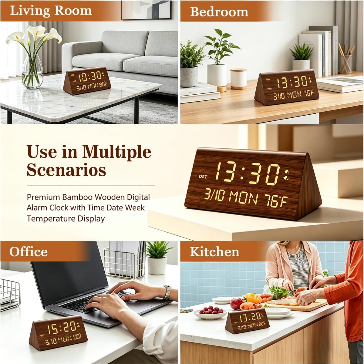 Kogonee Digitaler Wecker aus Holz, 0-100% Helligkeit Dimmer & Lautstärke, Temperaturerkennung, Datum, Wochentag/Wochenendmodus, Dual-Alarm, Holz-LED-Uhr für Schlafzimmer, Nachttisch (Braun)
