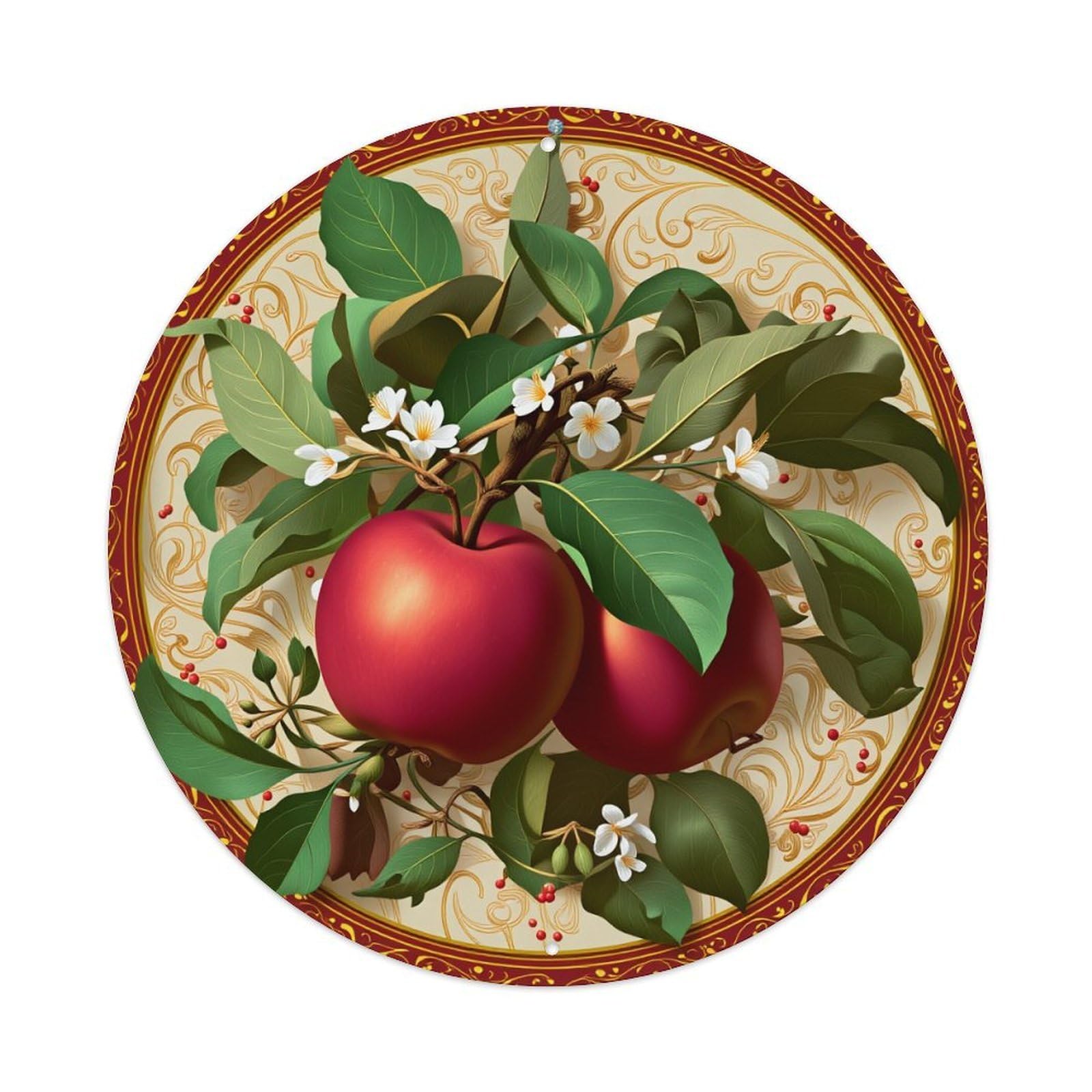 Apple Blossom And Leaves Pattern Round Tin Sign Vintage Style Metal Sign Home Bar Garden Wall Plaque Decor Metal Poster 8x8 Inch