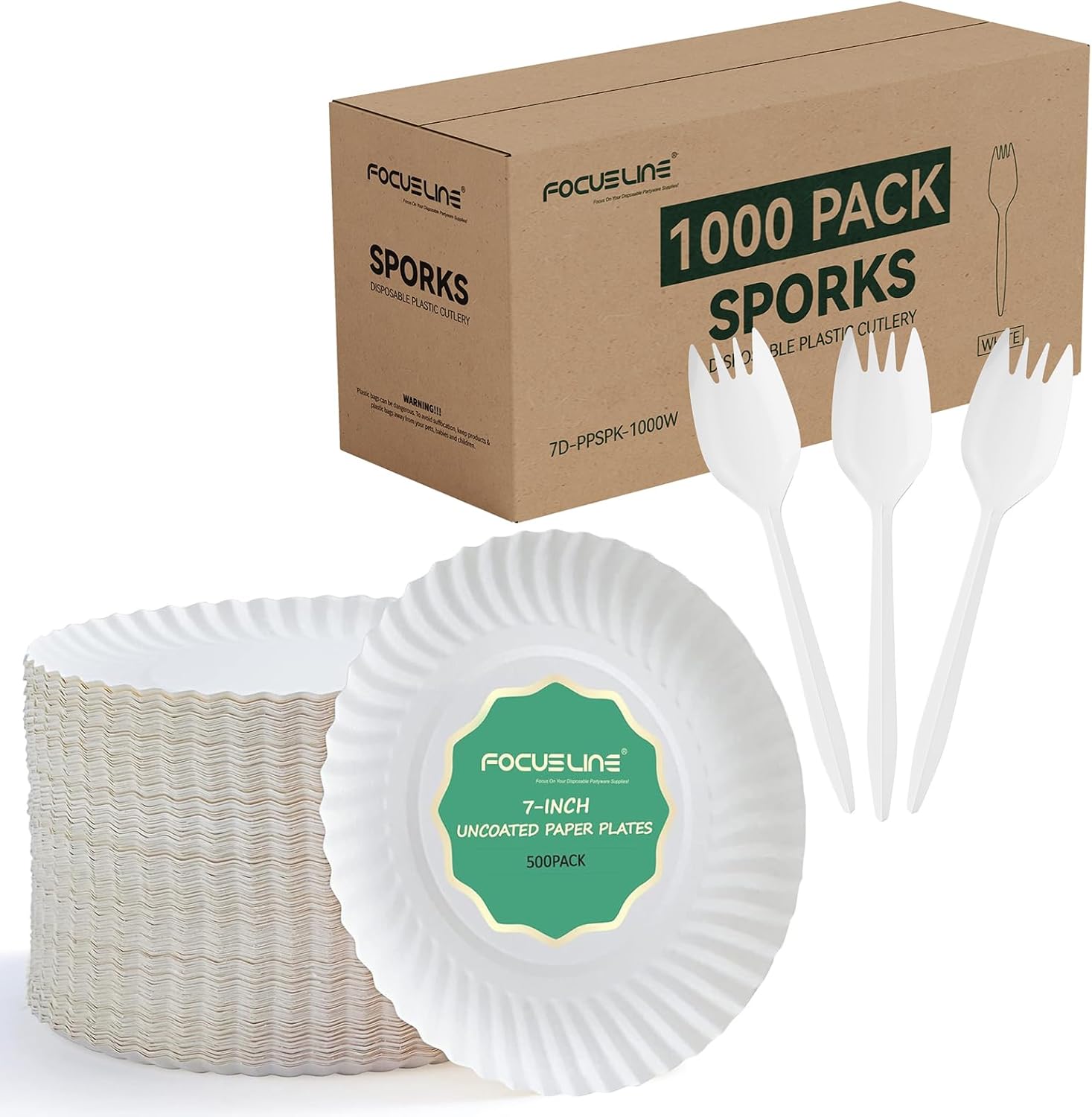 FOCUSLINE 1000 Pack Plastic Sporks White and 7 Inch Uncoated White Paper Plates 500 Count