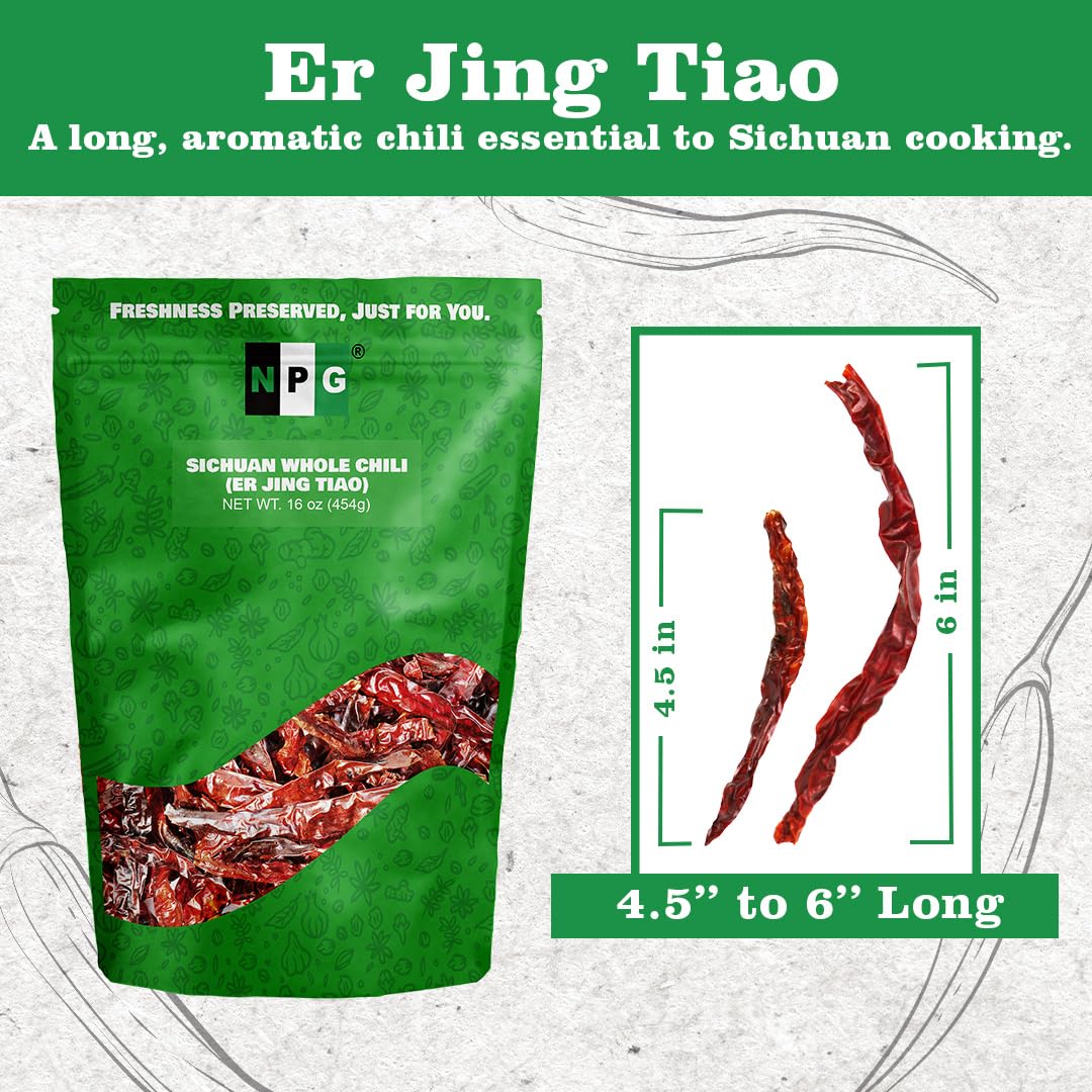 NPG Dried Whole Er Jing Tiao Sichuan Chili Peppers 16 OZ (1 LB), Premium Sichuan Er Jing Tiao, 二荆条 Dried Red Chilies, Perfect for Chili Oil, Paste, Sauces, Used in Traditional Chinese Spicy Dishes