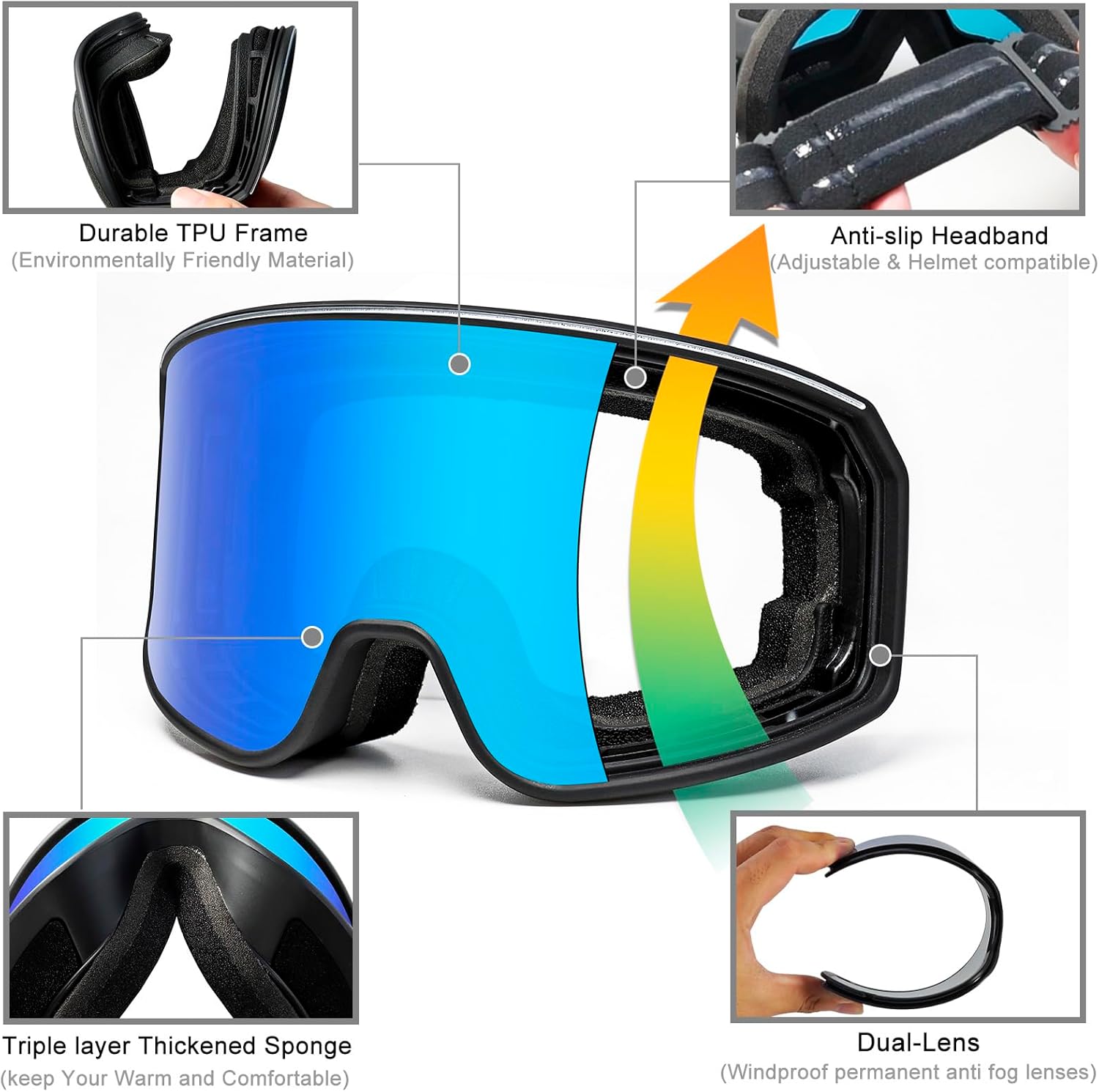 SPOSUNE Ski Goggles Over Glasses with Dual lens | Anti-fog Anti-UV Snow Goggles for Men Women Youth Skiing Snowmobile - Image 5