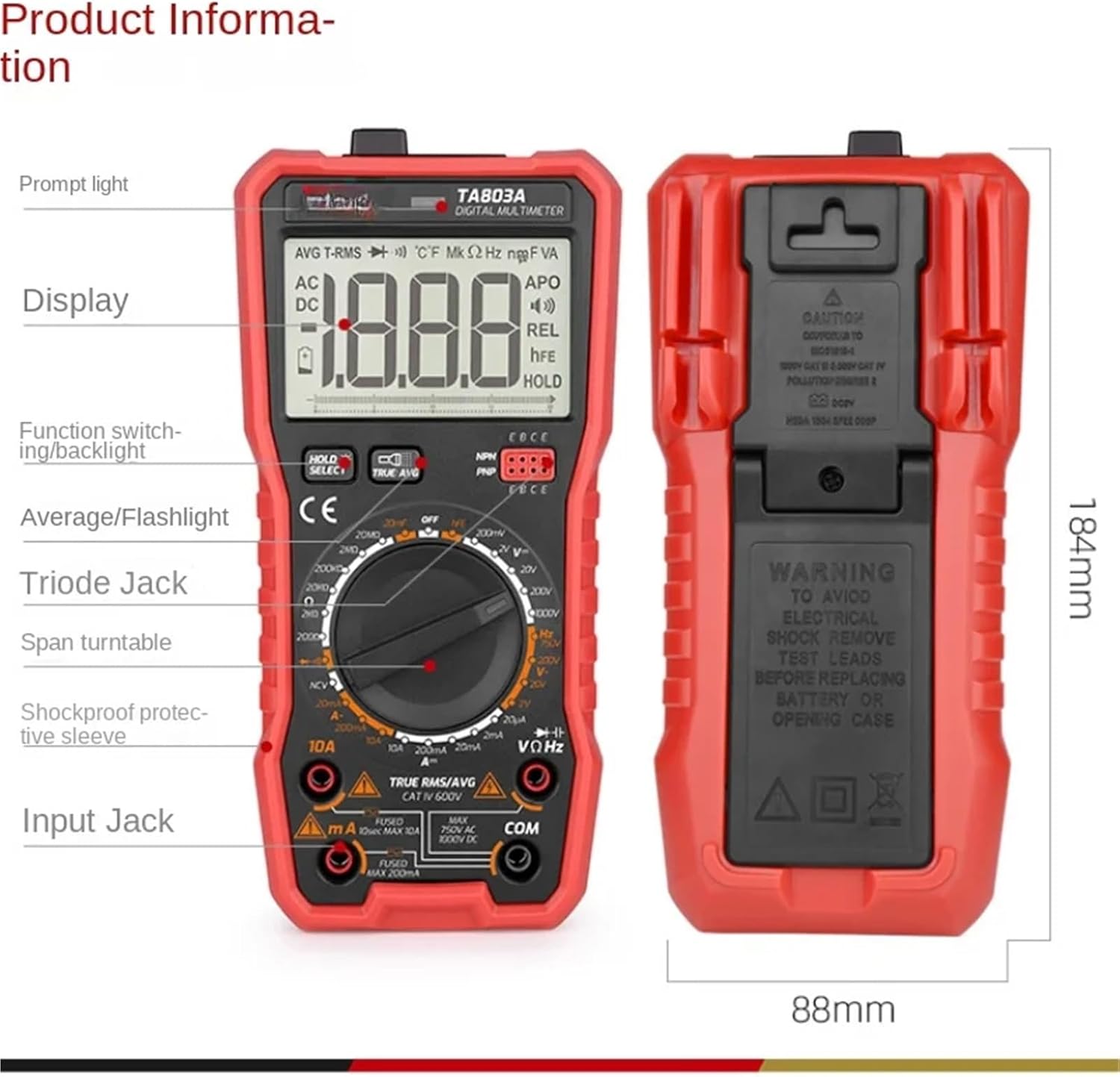 Multimeter TA803 Digital High-Precision Universal Meter Digital Display Household Multi-Function Electrician Universal Meter(TA803A)