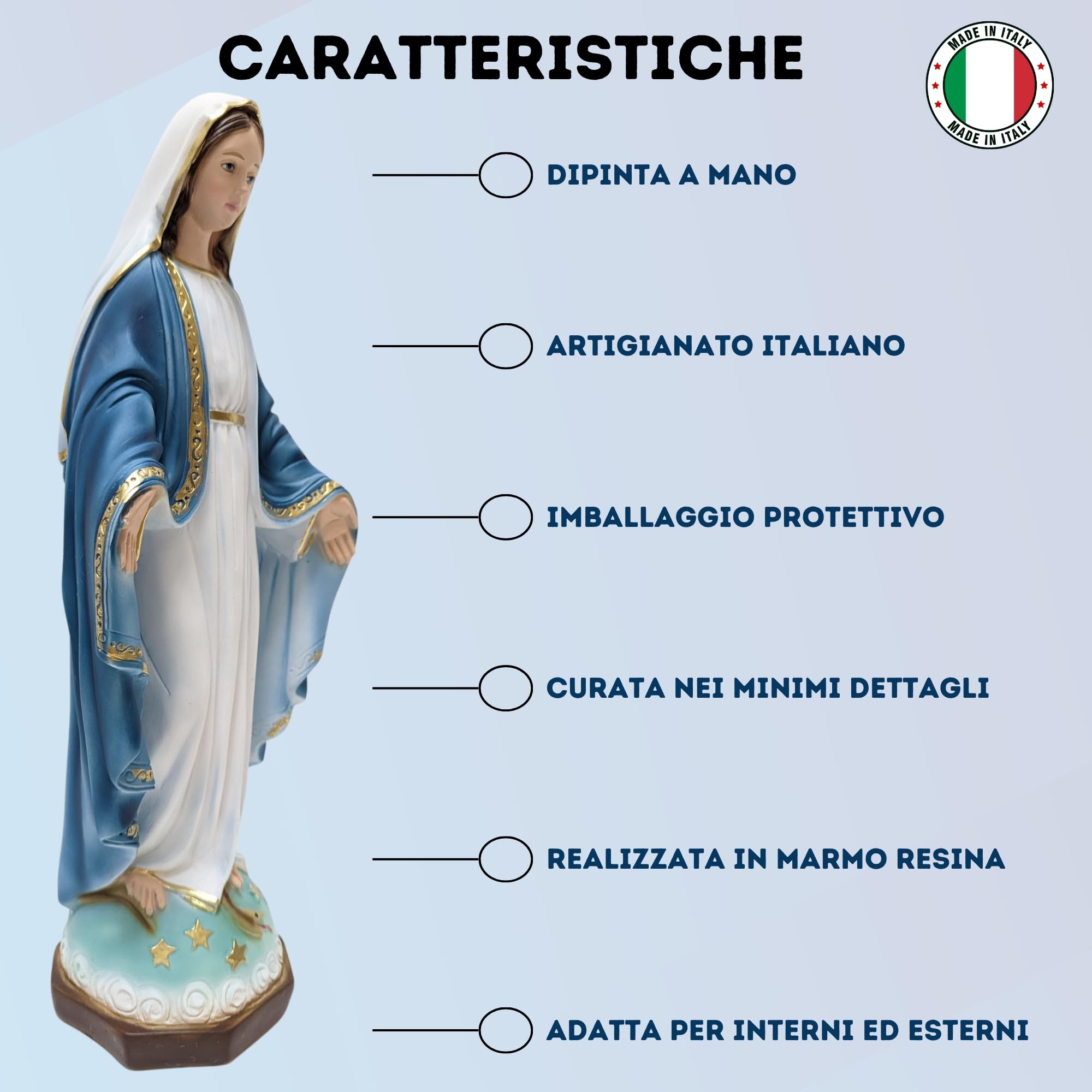OVUNQUE PROTEGGIMI Statua Madonna Immacolata o Miracolosa cm 40, in polvere di marmo, per Interni ed Esterni, Statuetta della Madonnina Realizzata artigianalmente in Toscana.