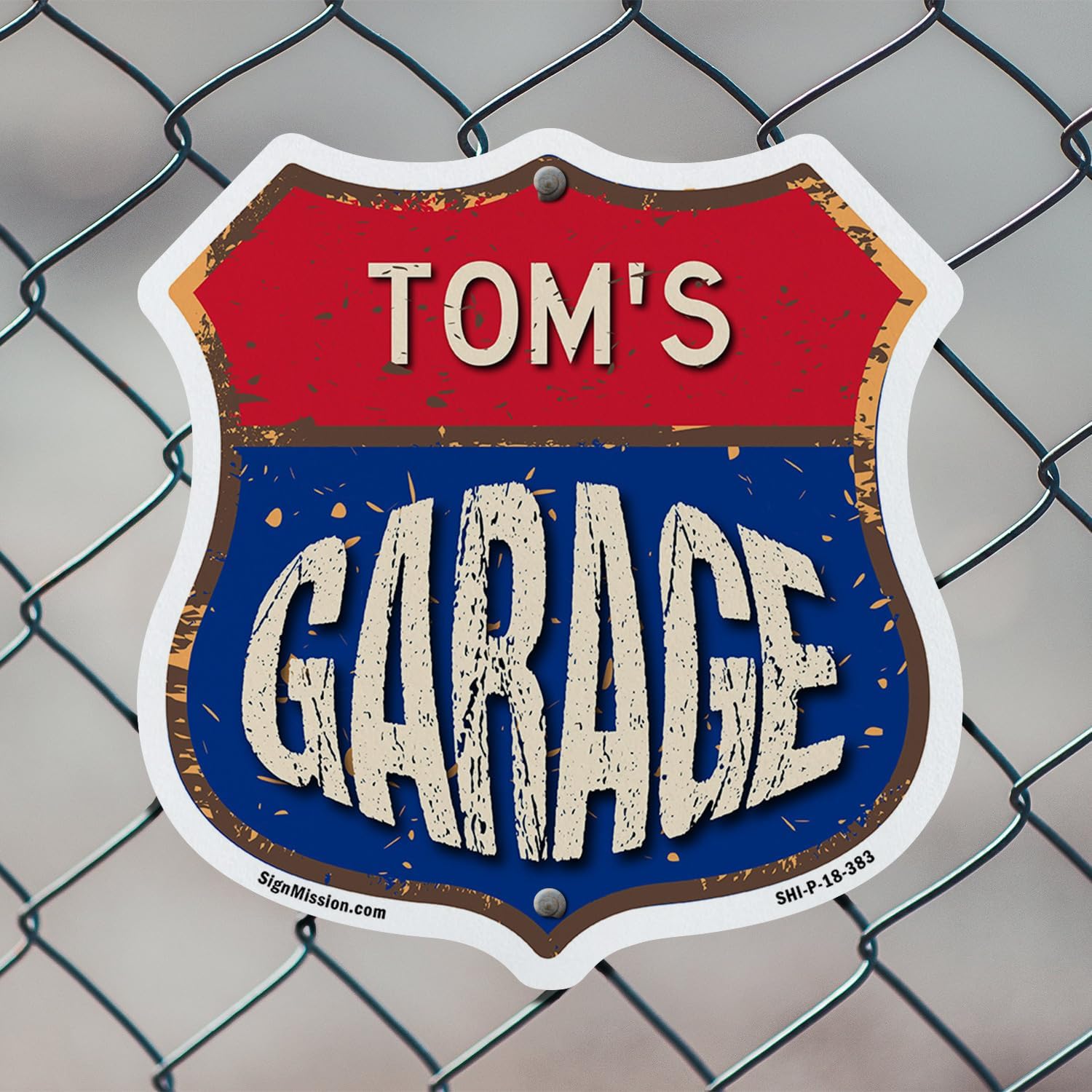 Tom's Garage 6 inch X 6 inch Shield Shaped Commercial Grade Plastic Sign Weather Resistant, UV Protected To last, Gift for Dads and Uncles Classic Americana Crafted in the USA image 4