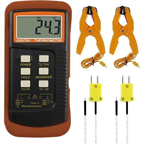K Type Thermocouple Thermometer (-50~1300°C), Dual Channels Digital Thermometer with 2 Temperature Clamp 2 Wired Thermocouple Probes, High Accuracy Temperature Kelvin Scale Meter Tester