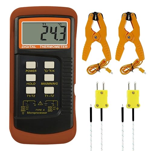 Termómetro de termopar tipo K (-50  2,372.0 F), termómetro digital de canales dobles con 2 abrazaderas de temperatura, 2 sondas de termopar con