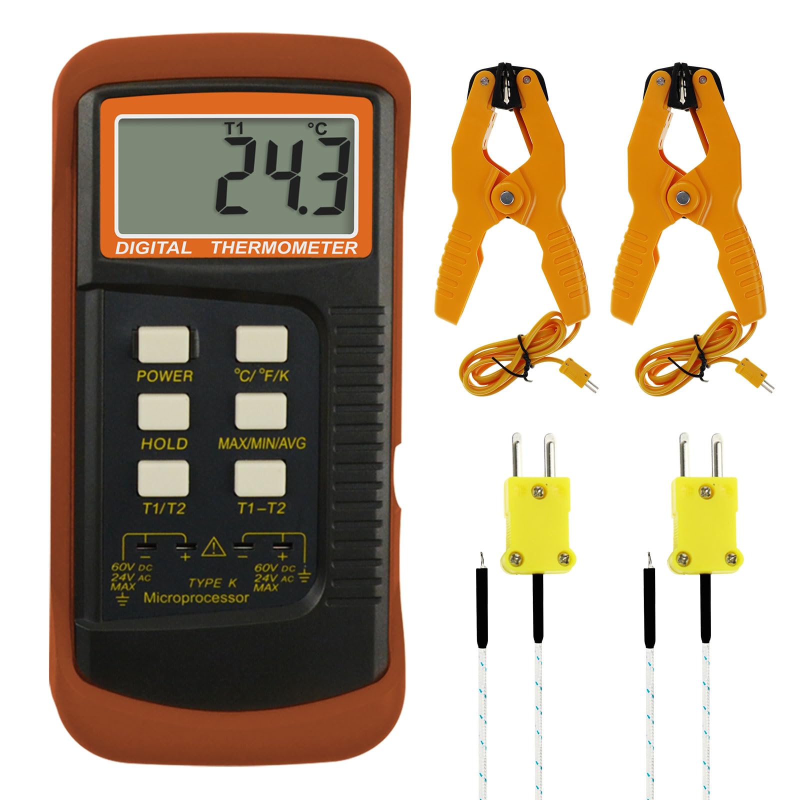 Termómetro digital de dos canales K (-50~1300 °C) Pinzas de temperatura y sondas cableadas, medidor de alta precisión Kelvin