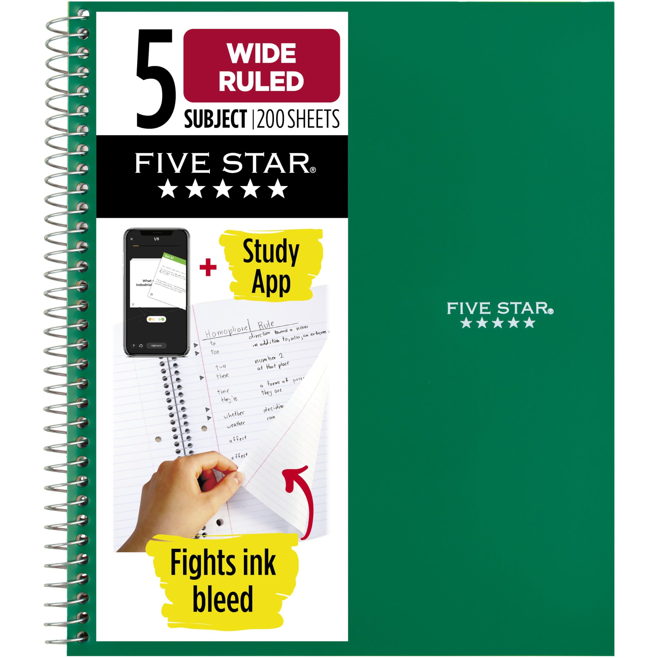 Five Star Spiral Notebook + Study App, 5 Subject, Wide Ruled Paper, 8" x 10-1/2", 200 Sheets, Fights Ink Bleed, Water Resistant Cover, Forest Green (73441)