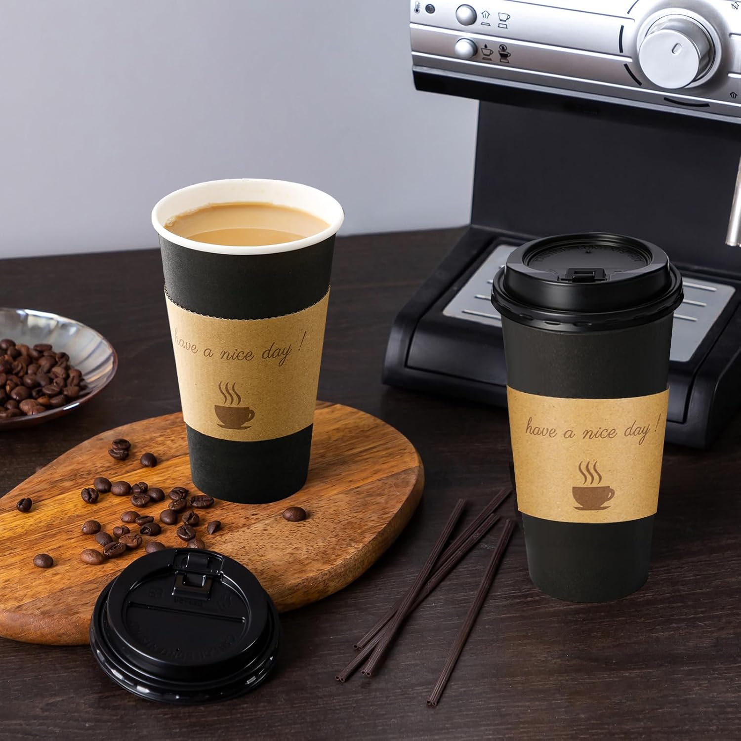 Lamosi 20 oz Disposable Coffee Cups with Lids 50 Pack, Hot Paper To Go Cups with Lids, Stir Sticks and Sleeves, for Home, Travel, Office - Image 7