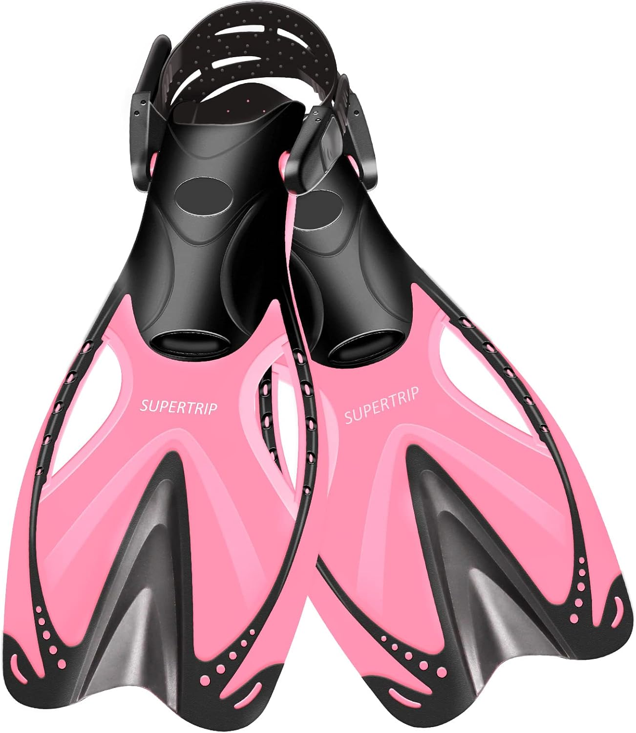 Supertrip Kids Snorkel Fins, Swim Fins for Lap Swimming, Adjustable Short Flippers, Travel Size Diving Fins Scuba Fins, Snorkeling Gear for Kids Boys Girls Age 6-14 L/XL?1-4? Pink