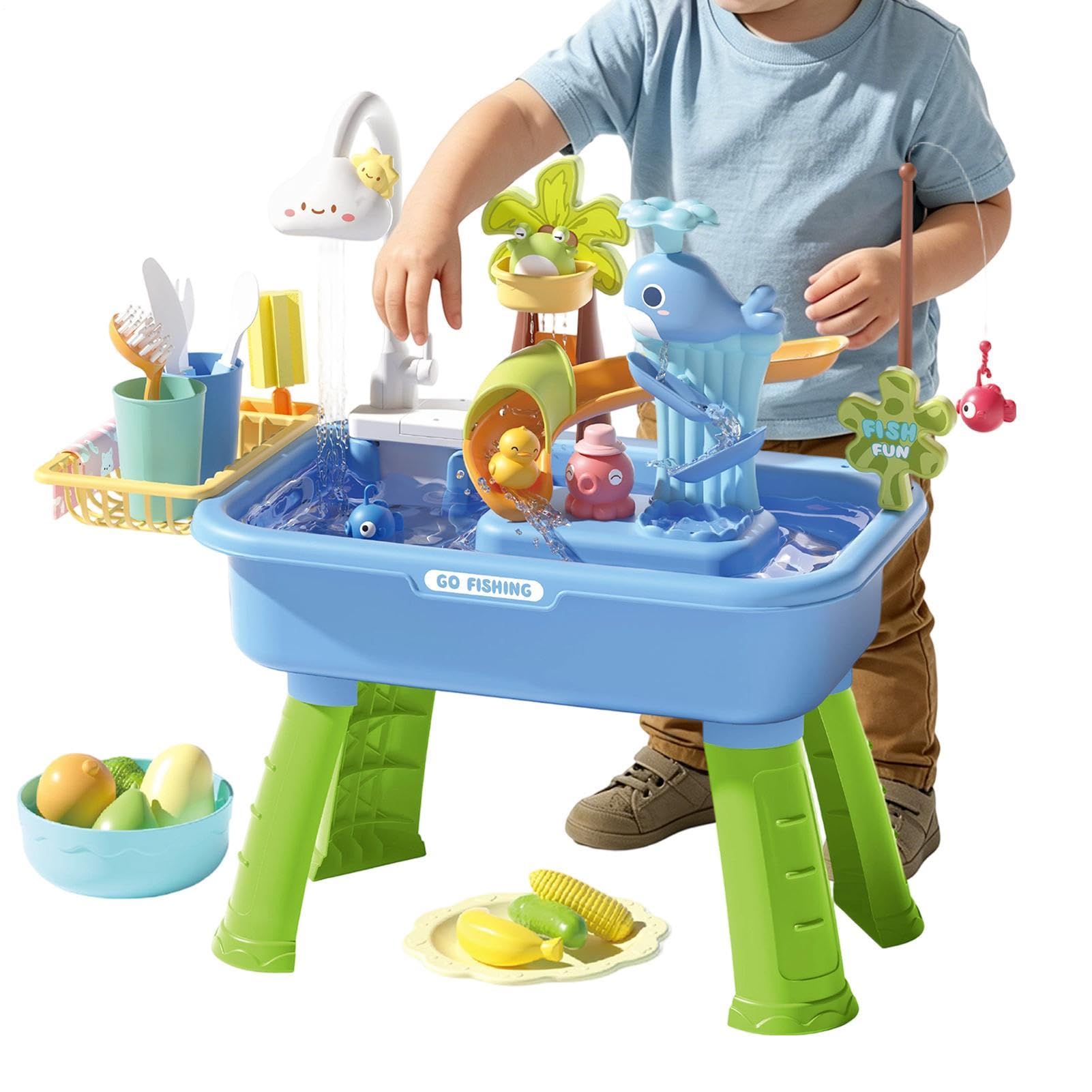 Tavolo Acquatico per Bambini da 1 a 3 Anni, lavandina Elettrico per Bambini con Acqua Corrente, Sabbia e Tavolo Acquatico con Gioco di Pesca, Giocattolo da Esterno/Interno Regalo per Ragazzi e Ragazze