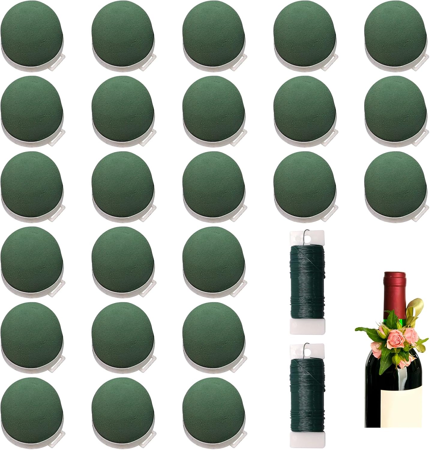 YuGtcen 24 Pack Mini Floral Foam, Green Flower Foam Holder with 2 Roll Wire