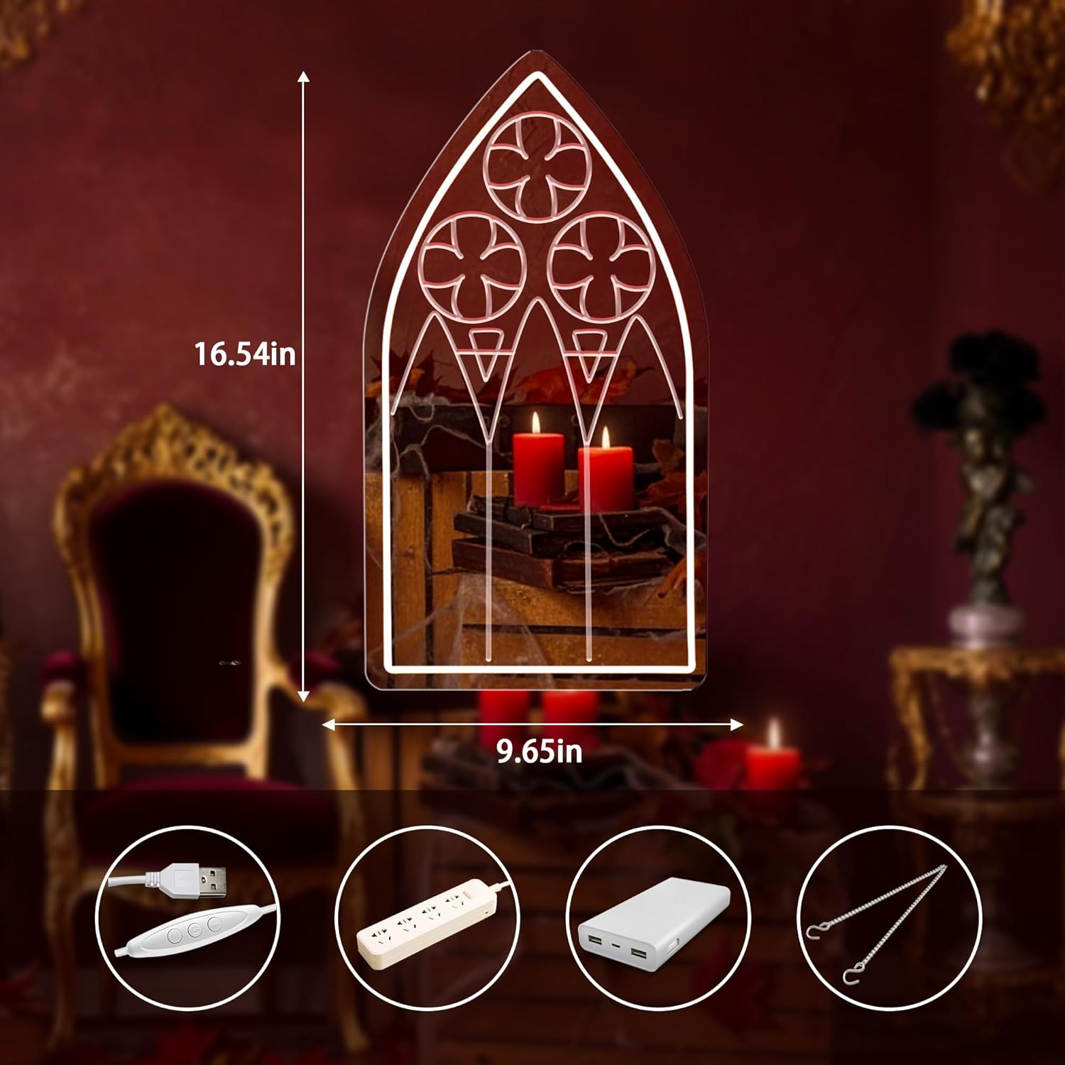 Gothic Window Mirror Neon Sign, Red LED Wall Light – Medieval Cathedral Style Home Decor for Bedroom, Living Room, Bar, Church Events, Gothic Party Backdrop 16.5″ × 9.6″