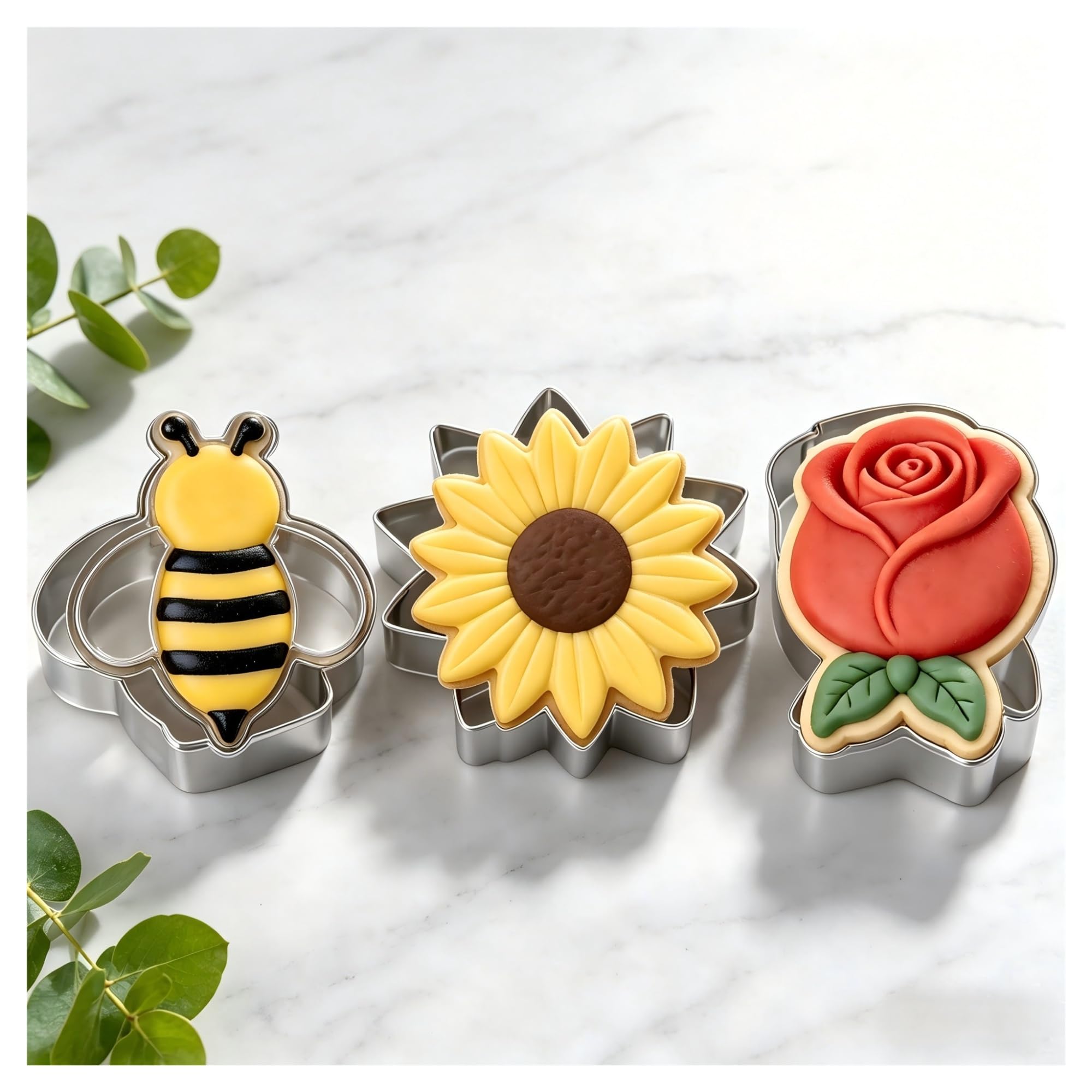 Juego de cortadores de galletas, 3 uds., moldes de acero inoxidable con temática de flor de abeja for fiesta en el jardín, té de la tarde, decoración de postres, horneado DIY