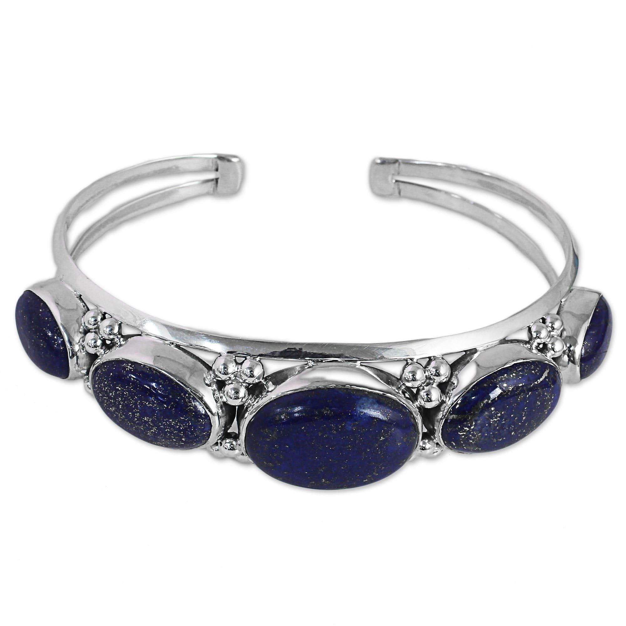 Artisan Handmade Lapis Lazuli Cuff Bracelet Gemstone Sterling Silver Blue India Riverside Birthstone [6 in L (end to End) x 0.8 in W] ' Blue Allure'