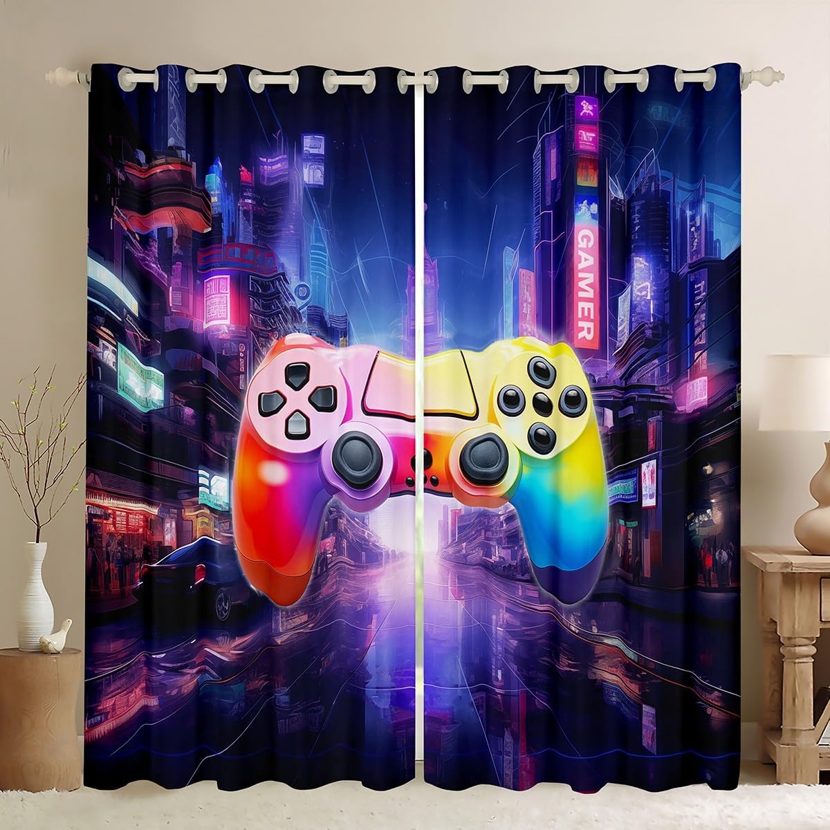 Boys Gamepad Curtains,Video Games Window Curtain for Kids Girls Teens Gamers Bedroom Decor,Neon Colorful Urban Street Scenery Blackout Window Treatment Modern Gaming Cool Window Drapes,38Wx45L