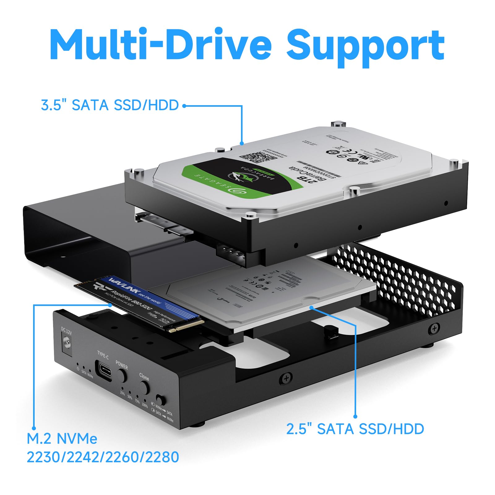 Boîtier WAVLINK à Deux Baies pour disques M.2 NVMe et disques durs/SSD SATA 2,5/3,5