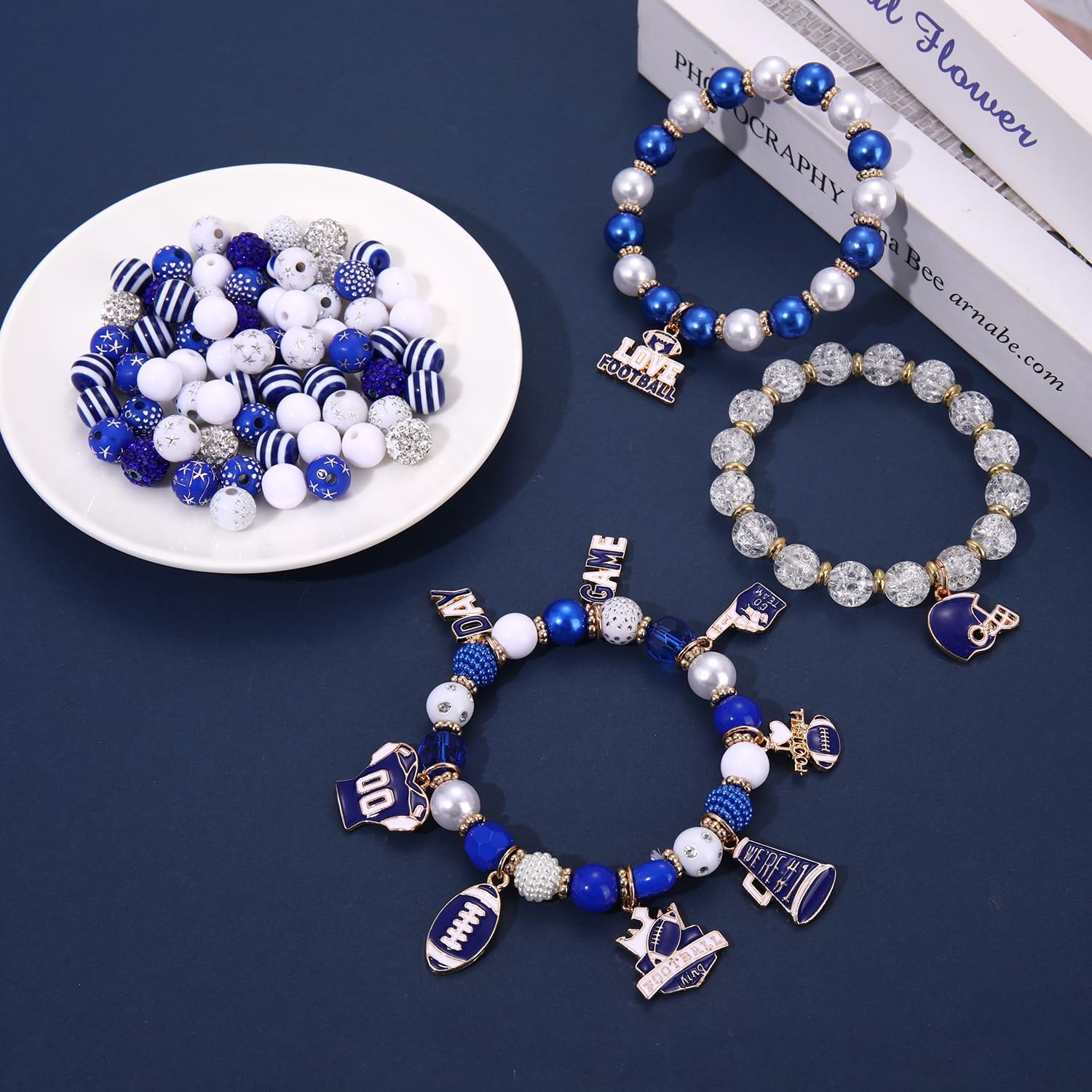 HSWE Game Day Beads Bracelet Kit Assorted Blue White Heishi Clay Pearl Letter Round Loose Beads Gold Spacer Beads with Sports Football Charms for DIY Bracelets Necklace Making image 5