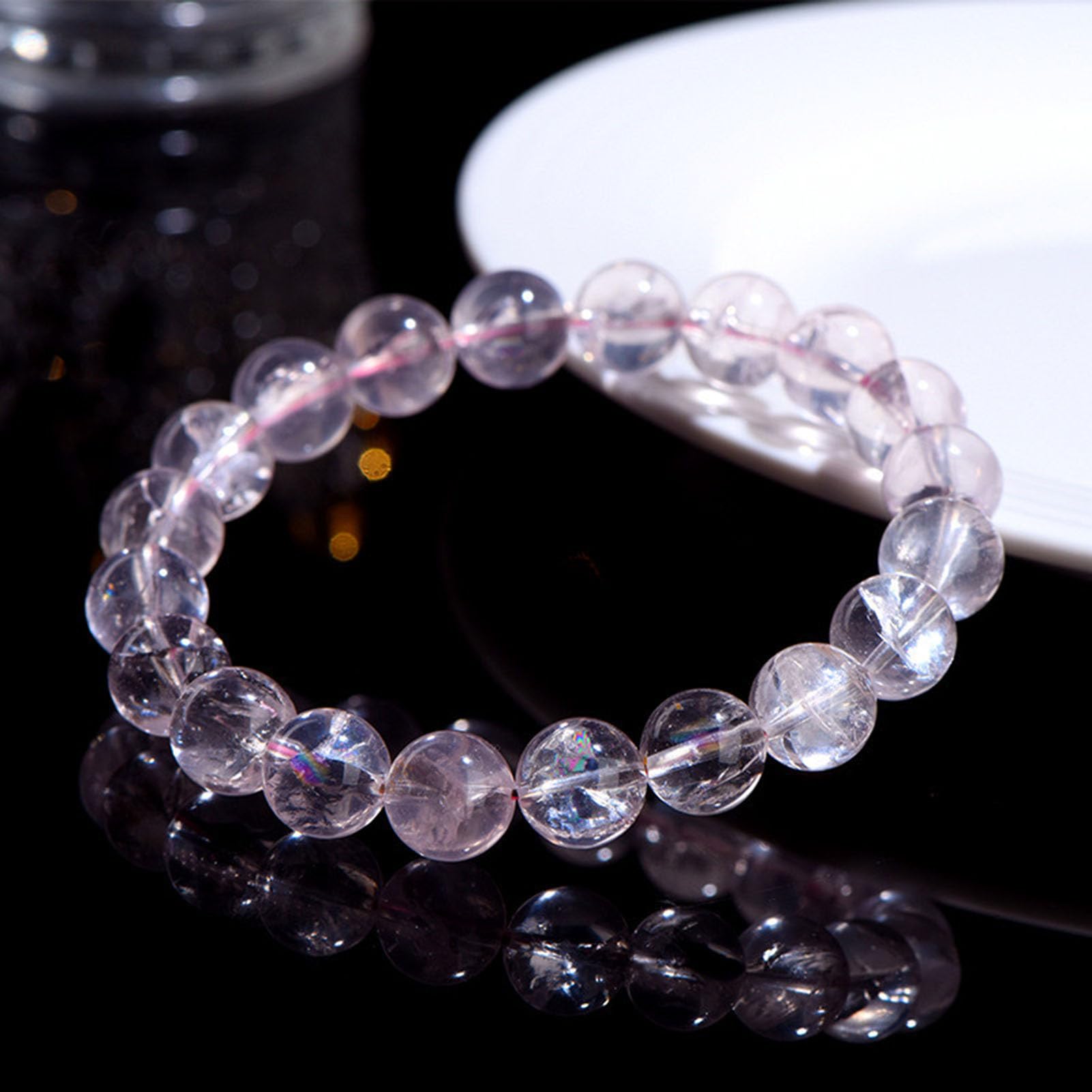 Bracciale al Quarzo Rosa, Braccialetti Naturali Fatti a Mano Bracciale Elasticizzato con Pietra preziosa Rosa Naturale per l'energia positiva dell'amore, Meditazione Yoga Unisex,8MM