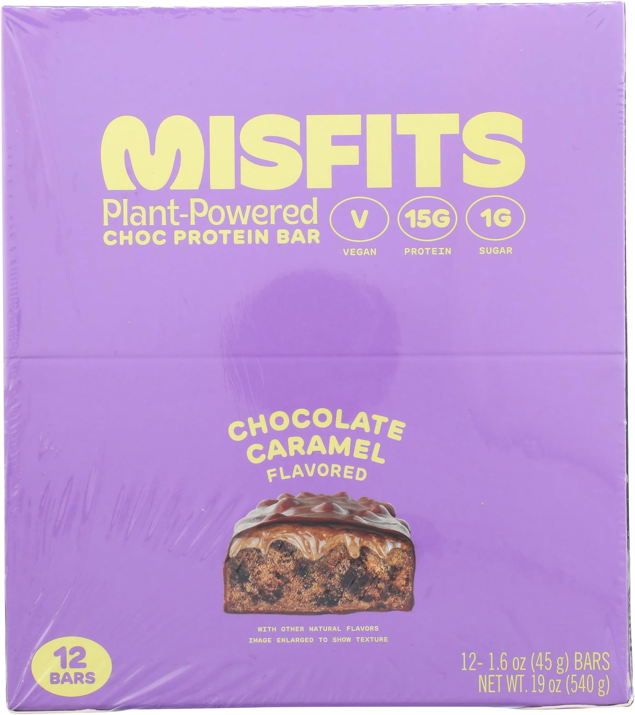 Misfits Vegan Protein Bars, Chocolate Caramel - Original Recipe | Gluten Free, Plant Based, Low Sugar & Carb, High Fiber Snacks | Pack of 12