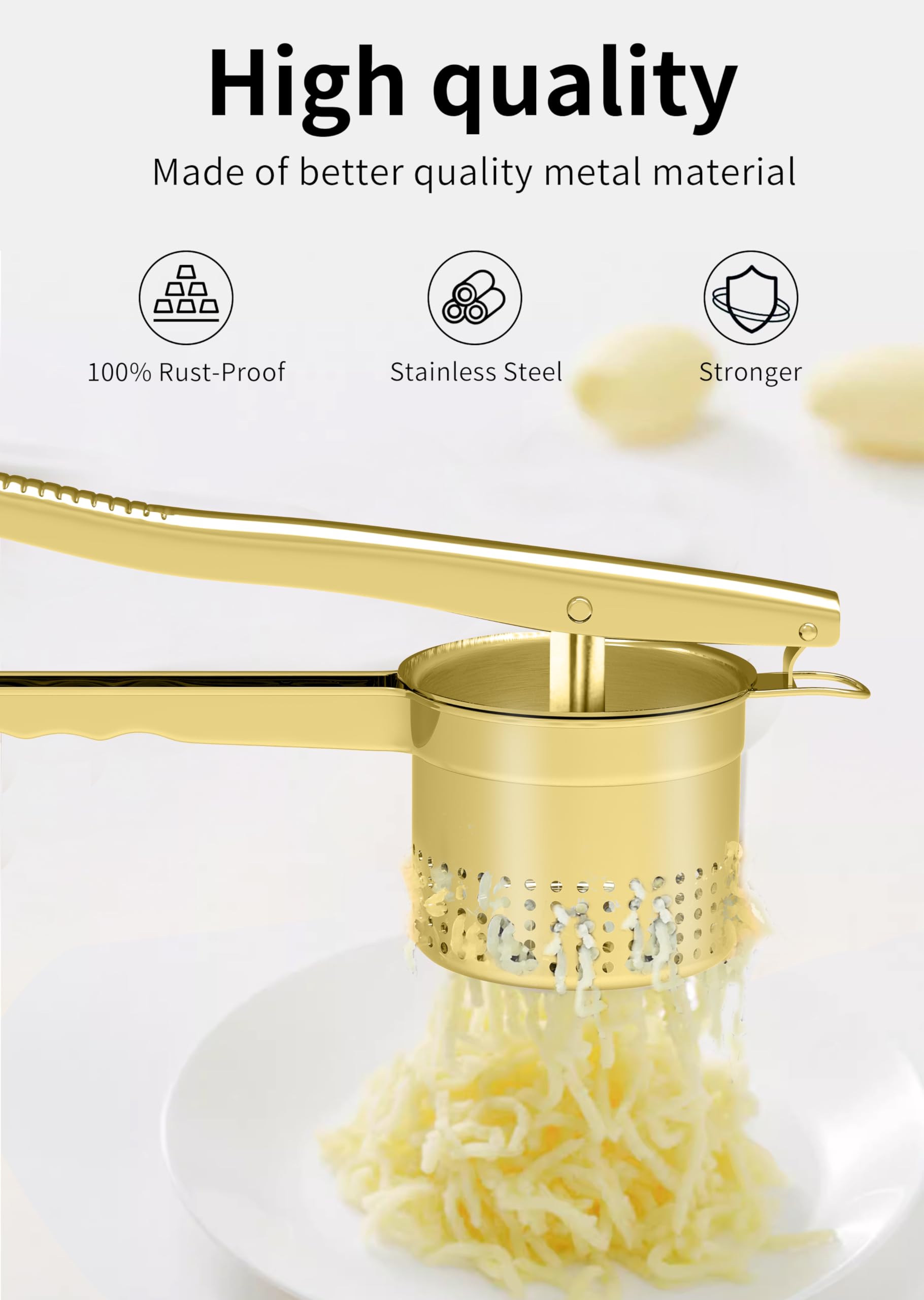 GloTika Großer 425 ml Kartoffelpresse Stampfer, robuster Edelstahl-Kartoffelstampfer mit ergonomischem Griff, Stampfer und Presse, Küchenwerkzeug für Kartoffelbrei, Nudelmacher, Gold