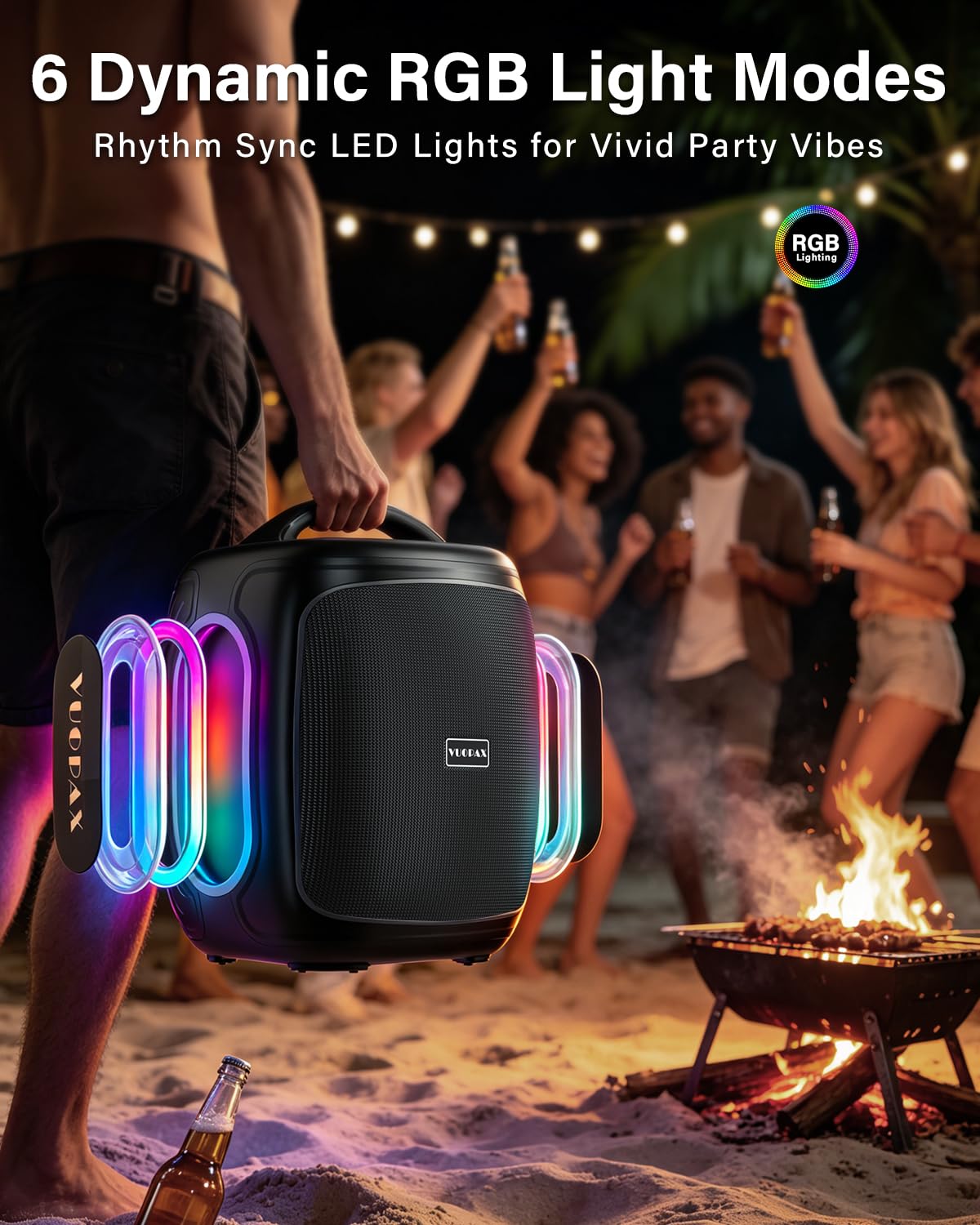 Enceinte Bluetooth Puissante 120W Crête, Grande Enceinte avec Basses Renforcées, Poignée de Transport, Autonomie 30h, Bluetooth 5.4, IP65 Étanche, TWS, RGB, pour Camping, Jardin et Fête
